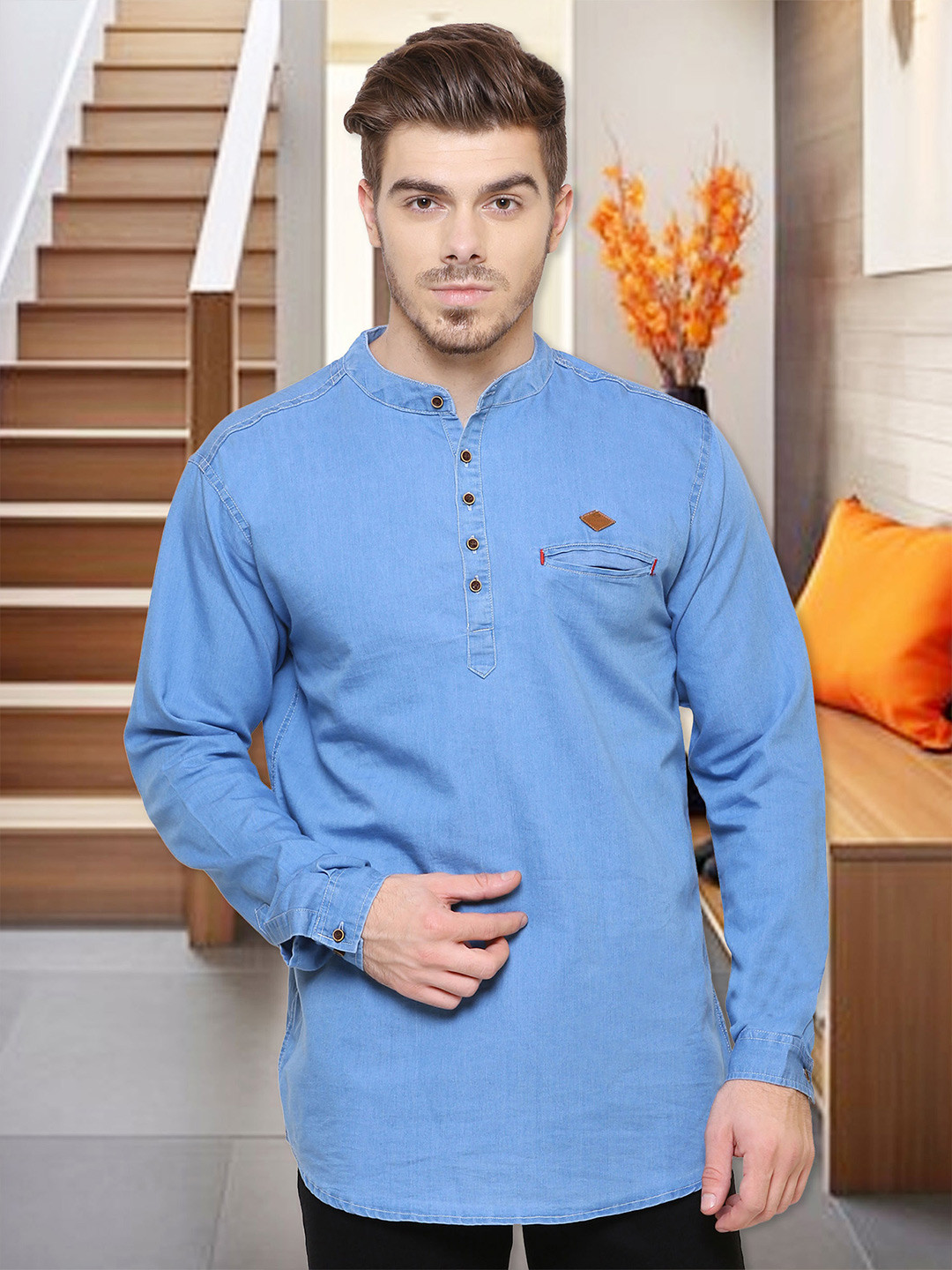 Men Blue Solid Straight Kurta main image 0