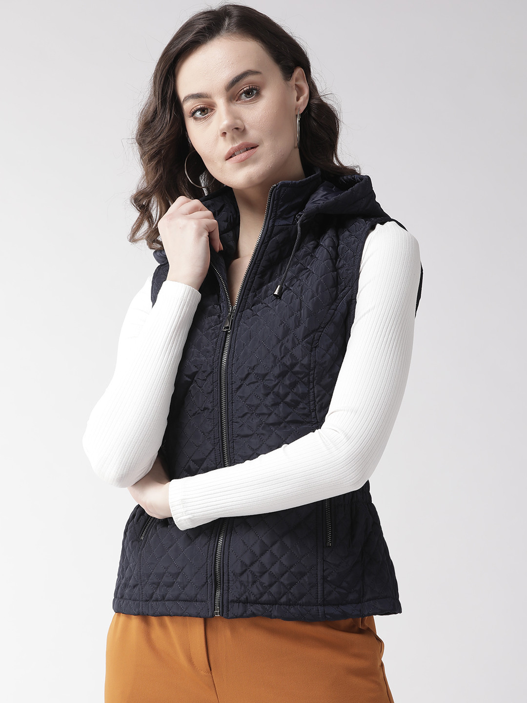 Buy Xpose Women Navy Blue Solid Hooded Quilted Jacket Jackets for