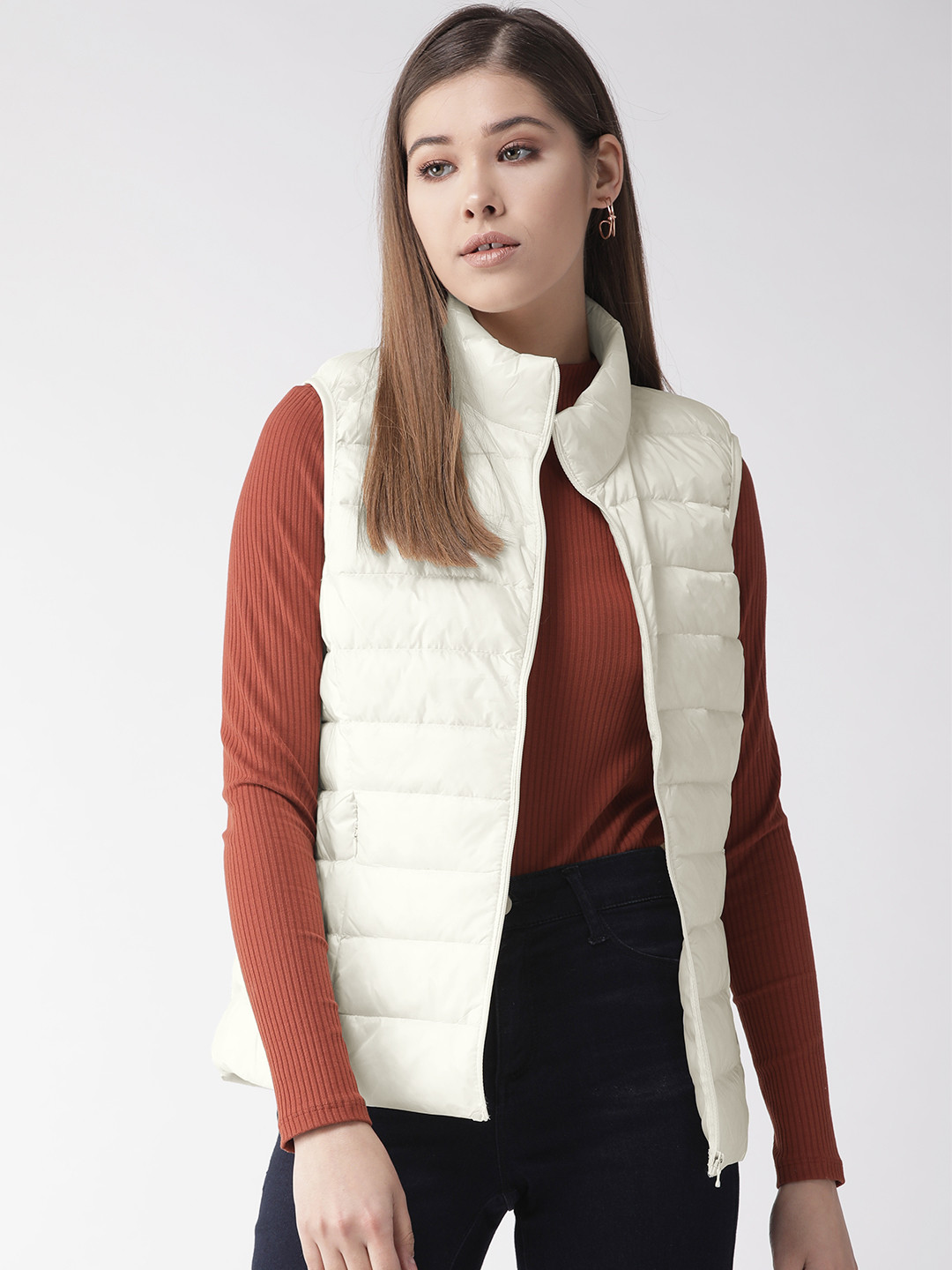 Buy Xpose Women Off White Solid Lightweight Padded Jacket Jackets for