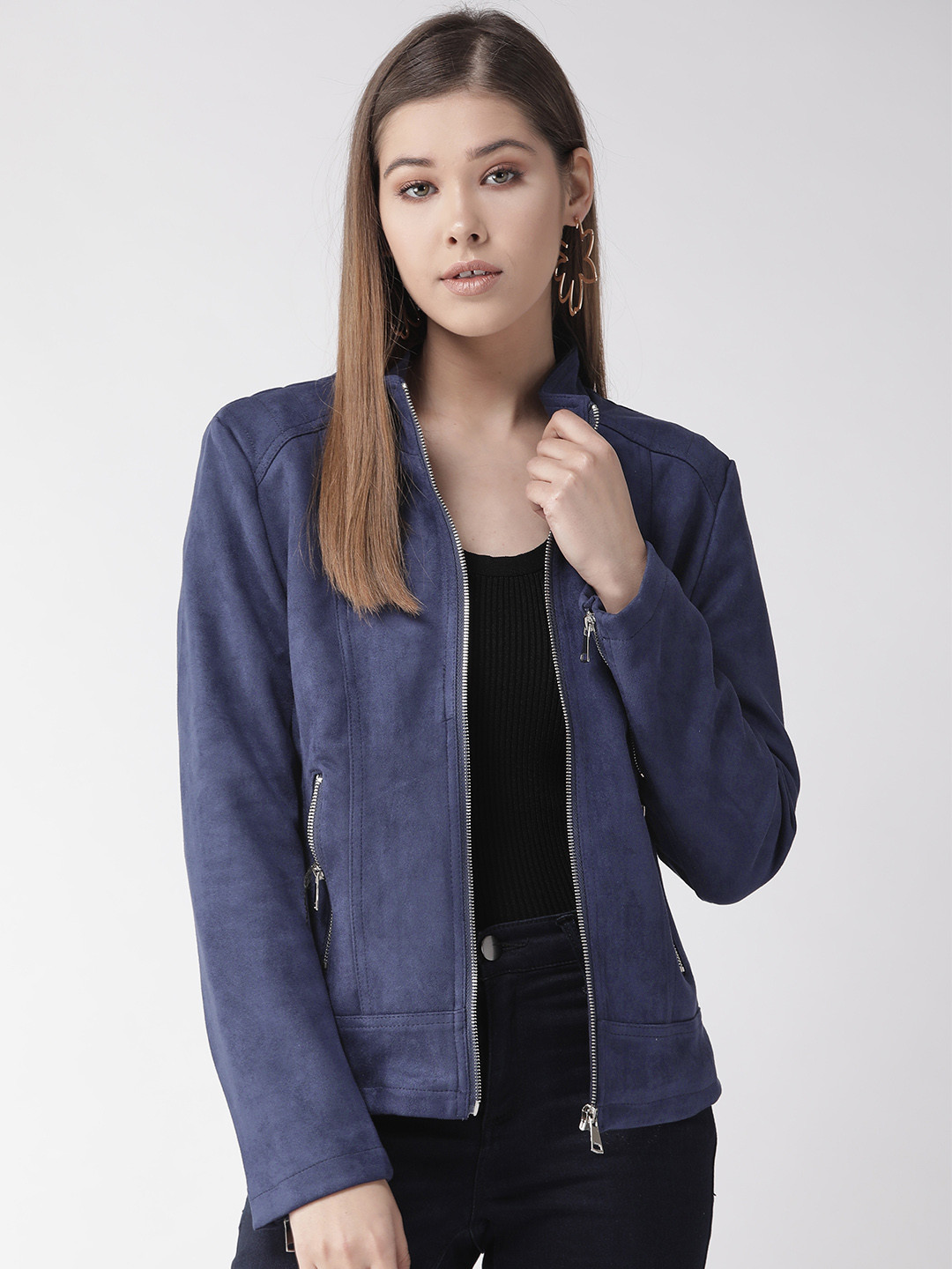 Buy Xpose Women Navy Blue Solid Suede Tailored Jacket Jackets for