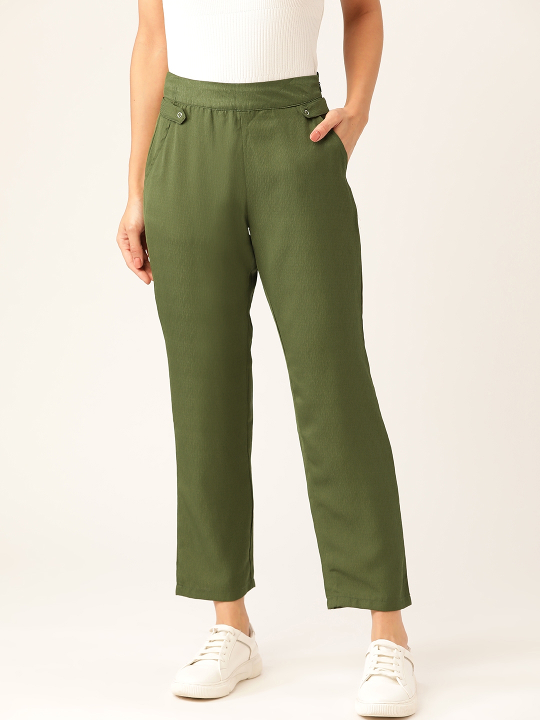 Buy DressBerry Women Olive Green Regular Fit Solid Trousers - Trousers ...