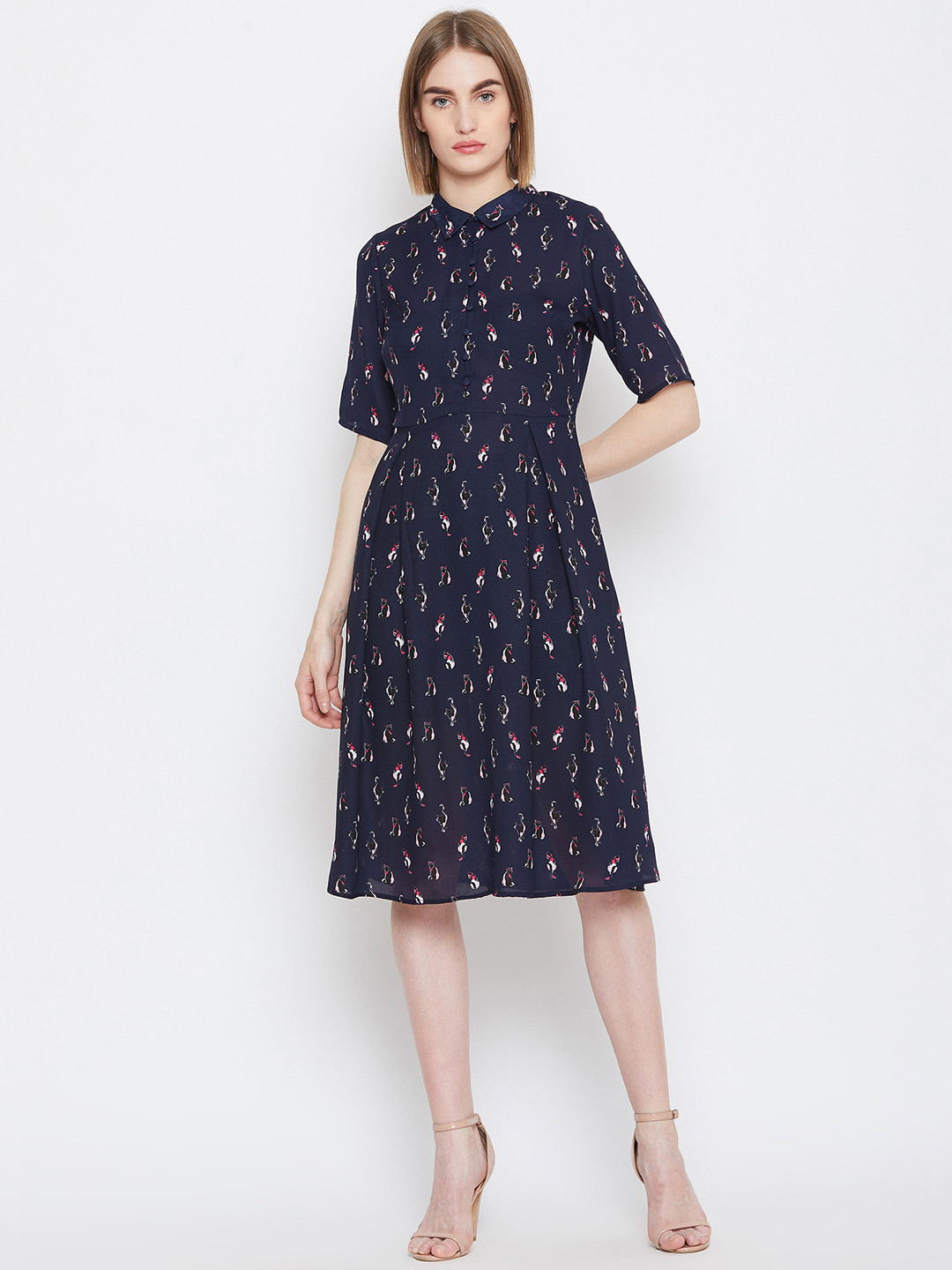 Buy Femella Women Navy Blue Cat Printed A Line Dress Dresses for