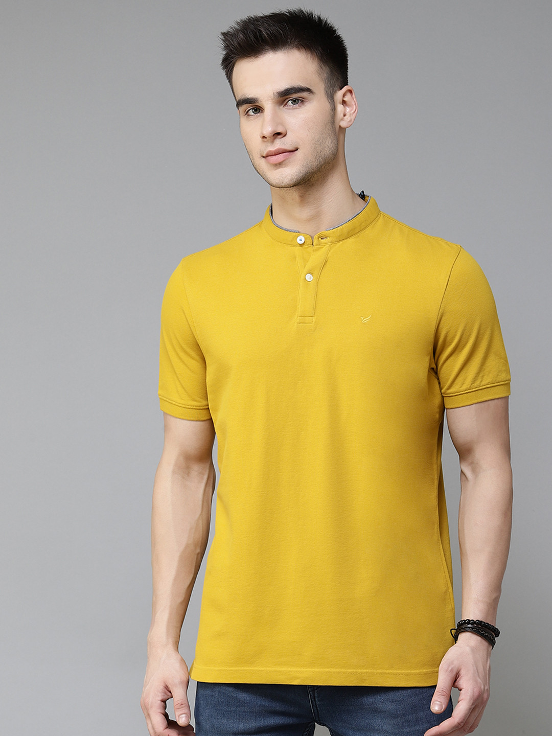 Buy Blackberrys Men Mustard Yellow Cotton Solid Mandarin Collar Pure