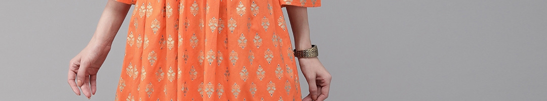 Buy Anouk Women Orange & Gold Toned Printed A Line Fusion Kurta ...
