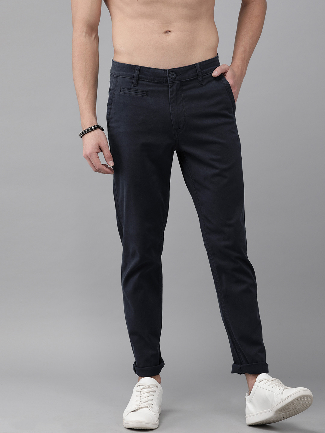 Buy Roadster Men Navy Blue Regular Fit Solid Regular Trousers ...
