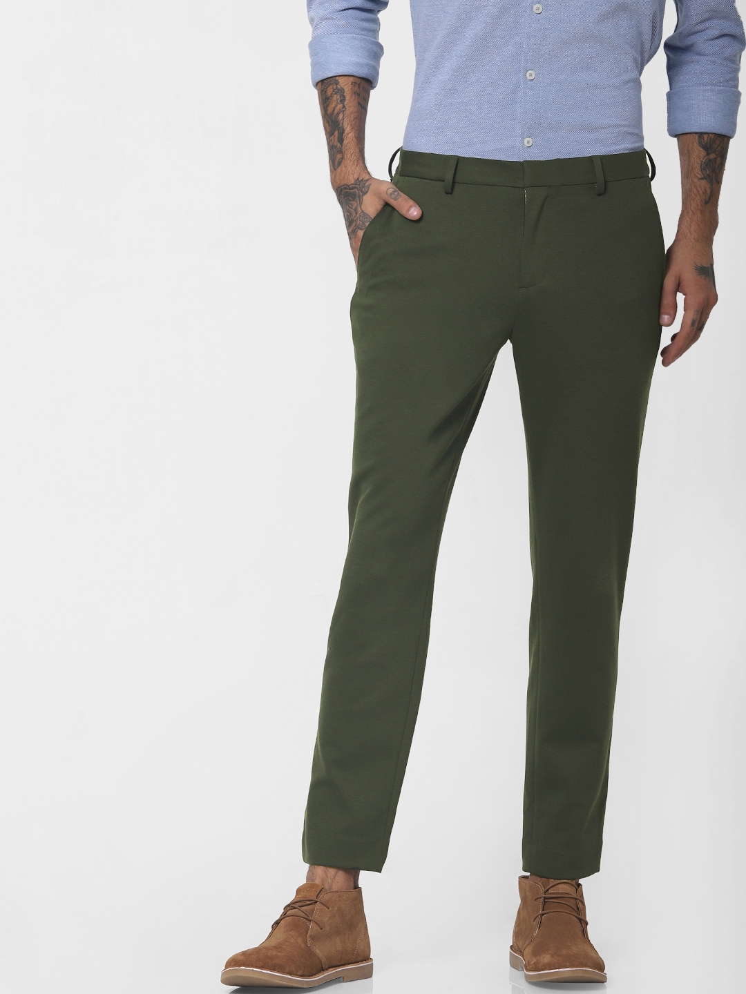 Buy Jack & Jones Men Olive Green Slim Fit Solid Regular Trousers ...