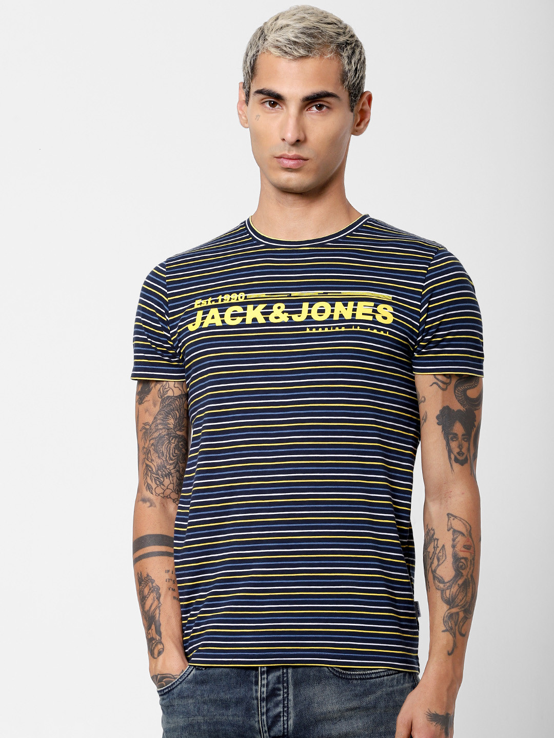 Buy Jack Jones Men Navy Blue Striped Round Neck Slim Fit Sustainable