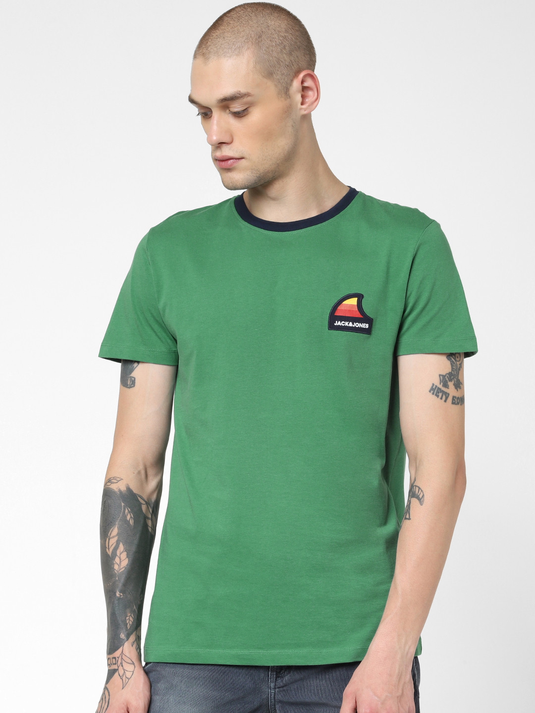 Buy Jack Jones Men Green Printed Slim Fit Round Neck Pure Cotton T