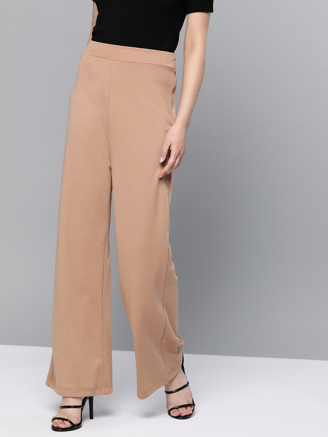 Buy Trend Arrest Women Beige Relaxed Straight Leg Loose Fit Solid Regular Trousers - Trousers 