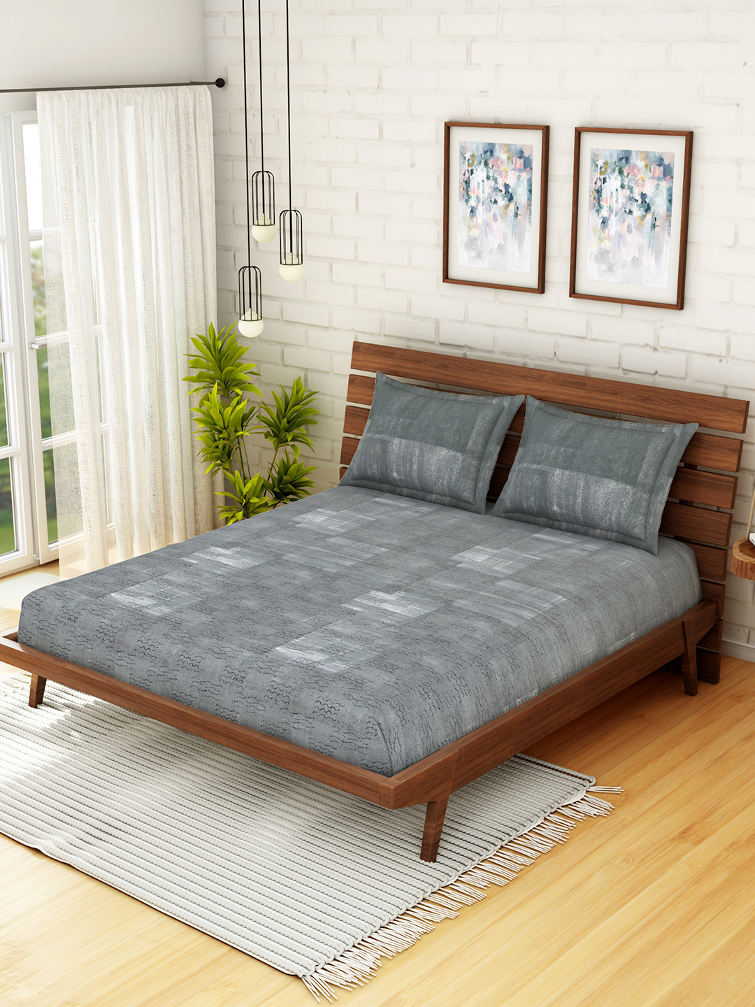 Buy SPACES Grey Geometric 144 TC Cotton 1 Queen Bedsheet With 2 Pillow