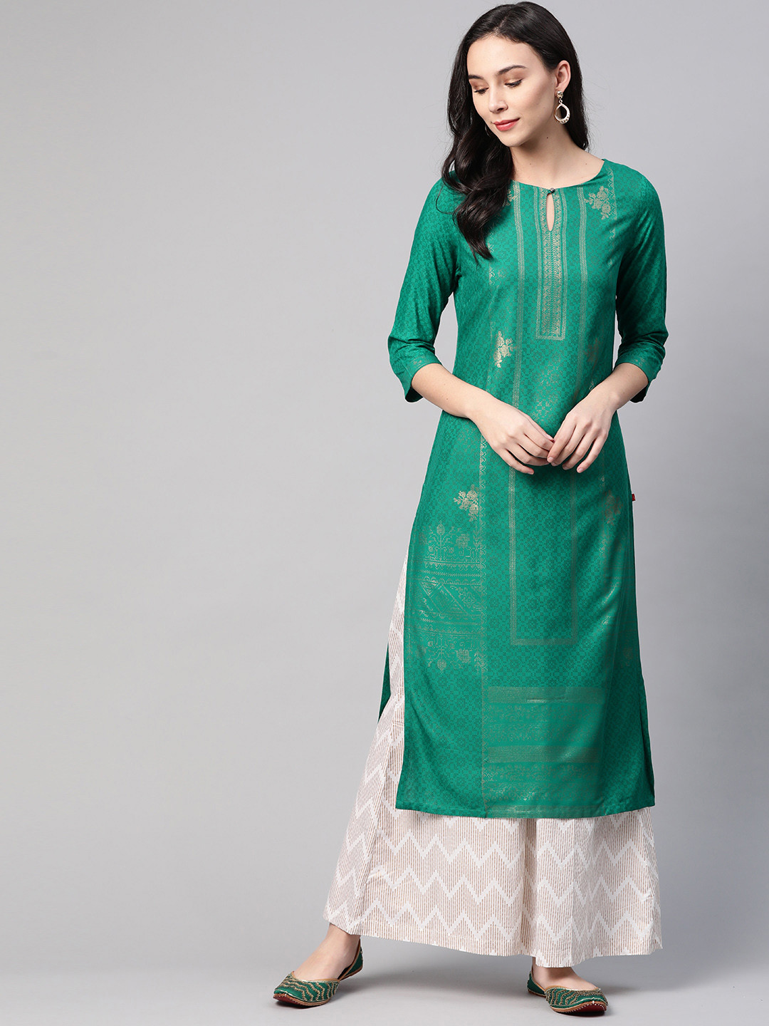 Buy W Women Green & Golden Printed Straight Kurta Kurtas for Women