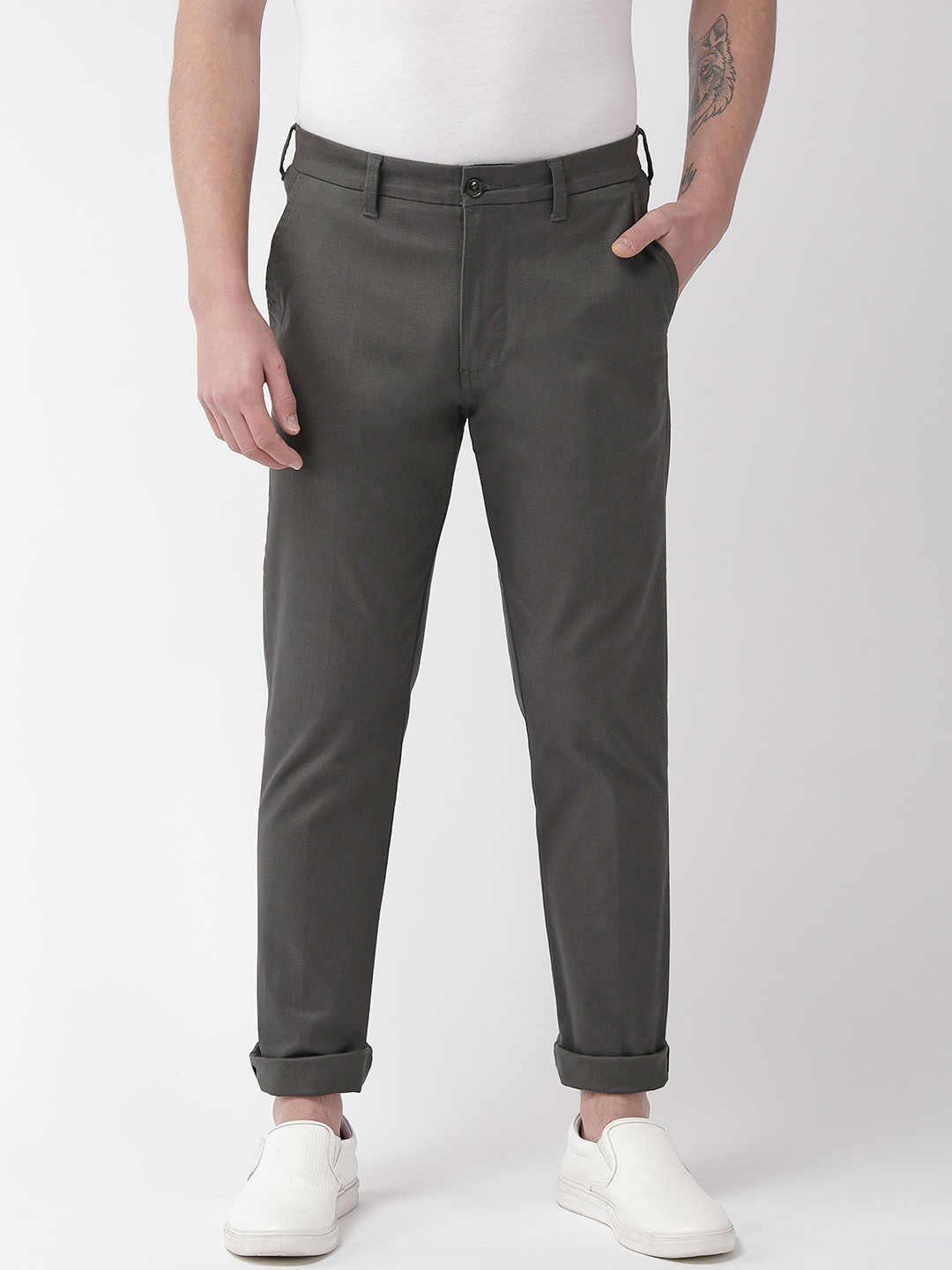 Buy Marks & Spencer Men Charcoal Grey Slim Fit Solid Regular Trousers ...