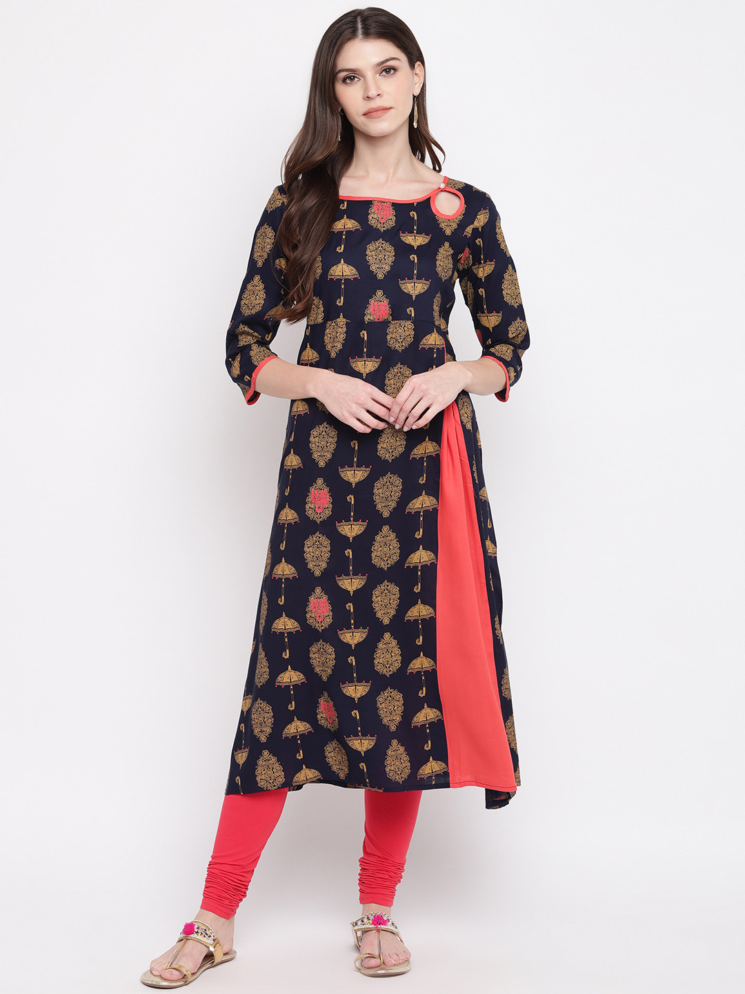 Buy Vbuyz Women Navy Blue & Yellow Umbrella Printed A Line Kurta