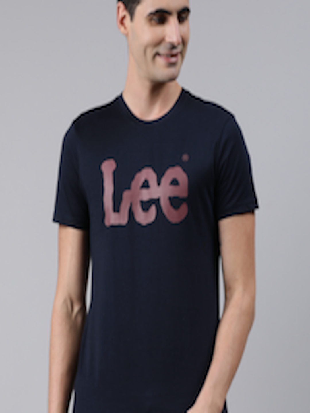 Buy Lee Men Navy Blue Pink Printed Round Neck Pure Cotton T Shirt ...