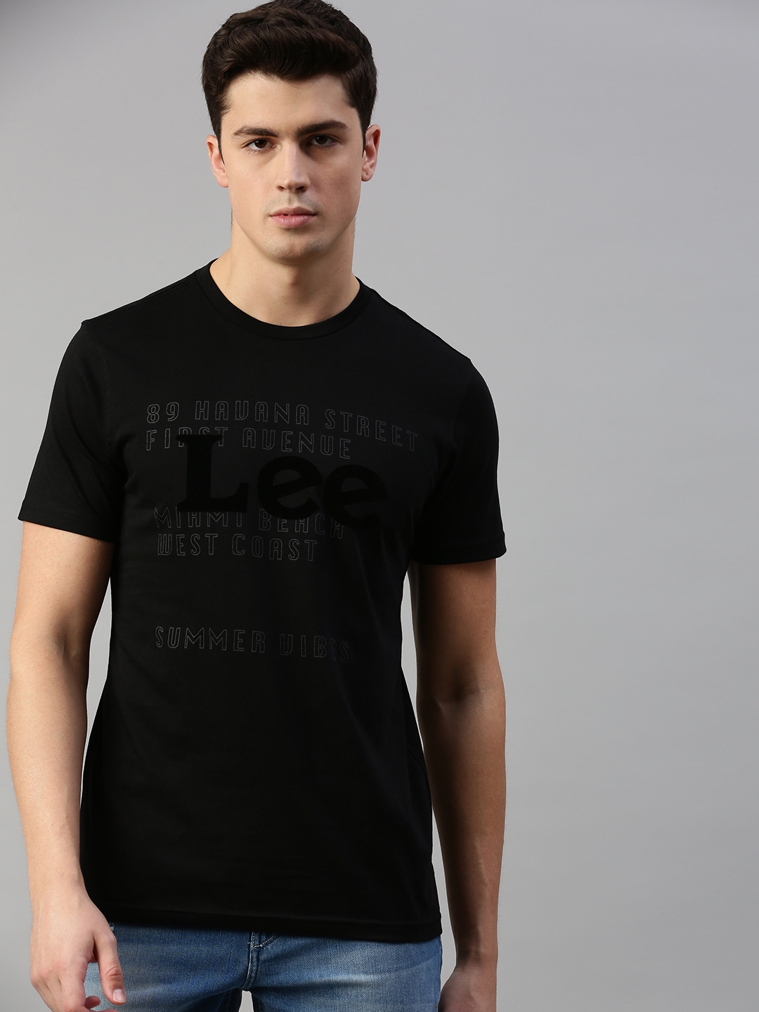 Buy Lee Men Black Printed Round Neck Pure Cotton T Shirt - Tshirts for ...