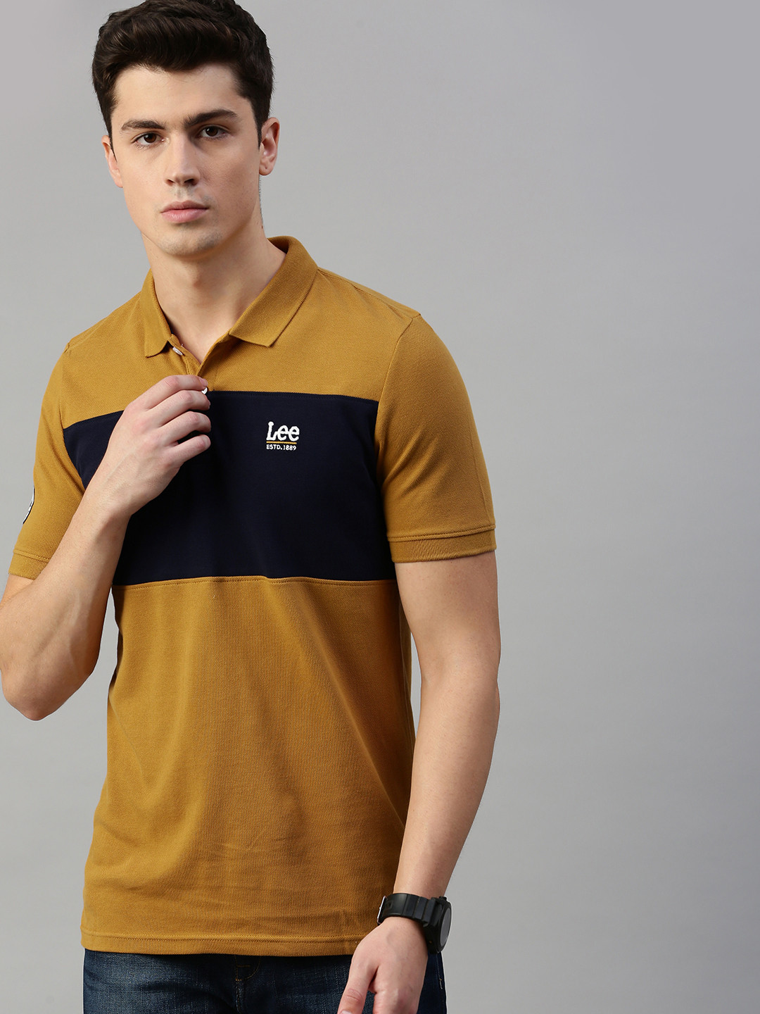 Buy Lee Men Mustard Yellow Black Colourblocked Polo Collar Pure Cotton