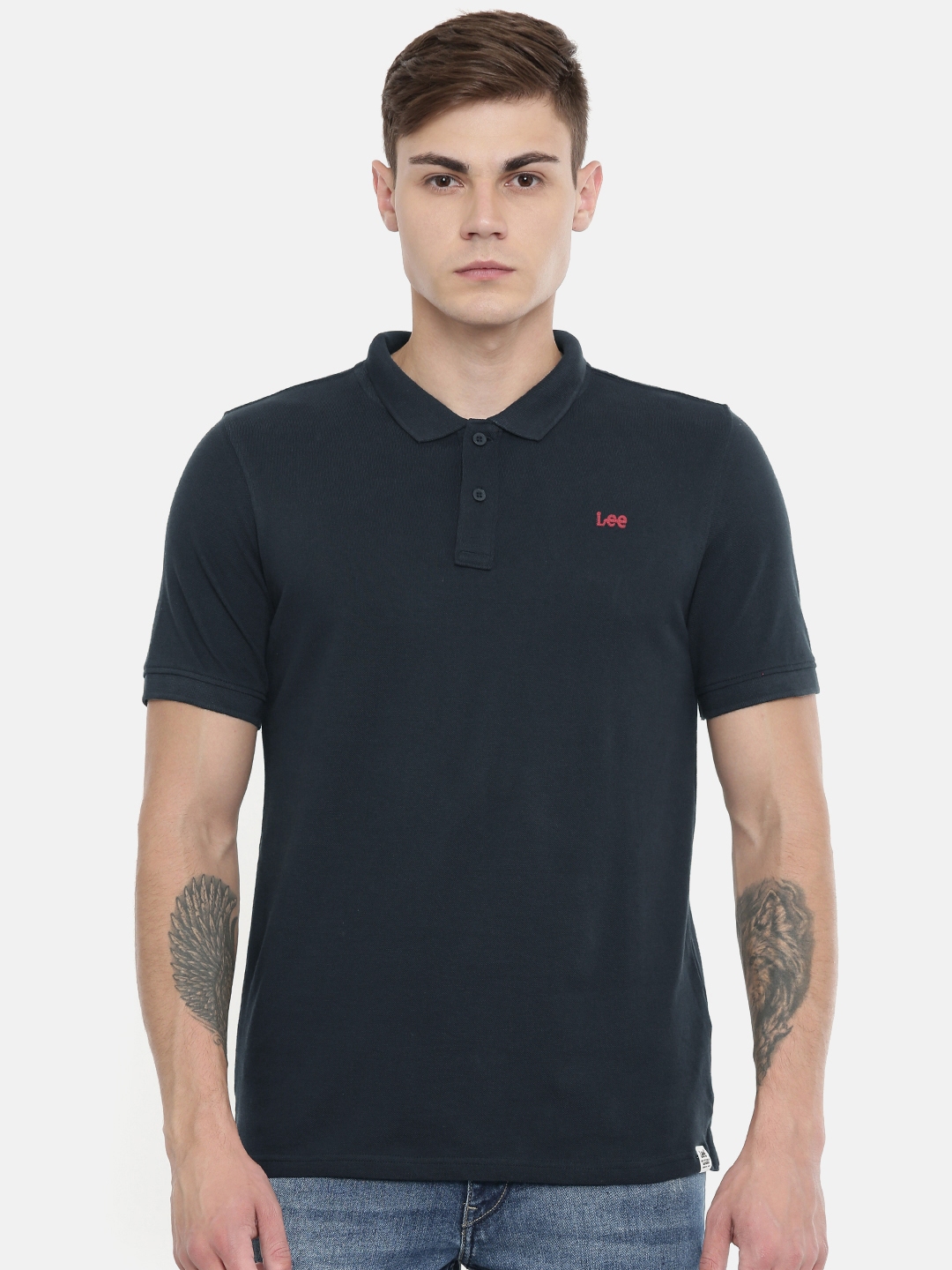 Buy Lee Men Navy Blue Solid Polo Collar Pure Cotton T Shirt - Tshirts ...