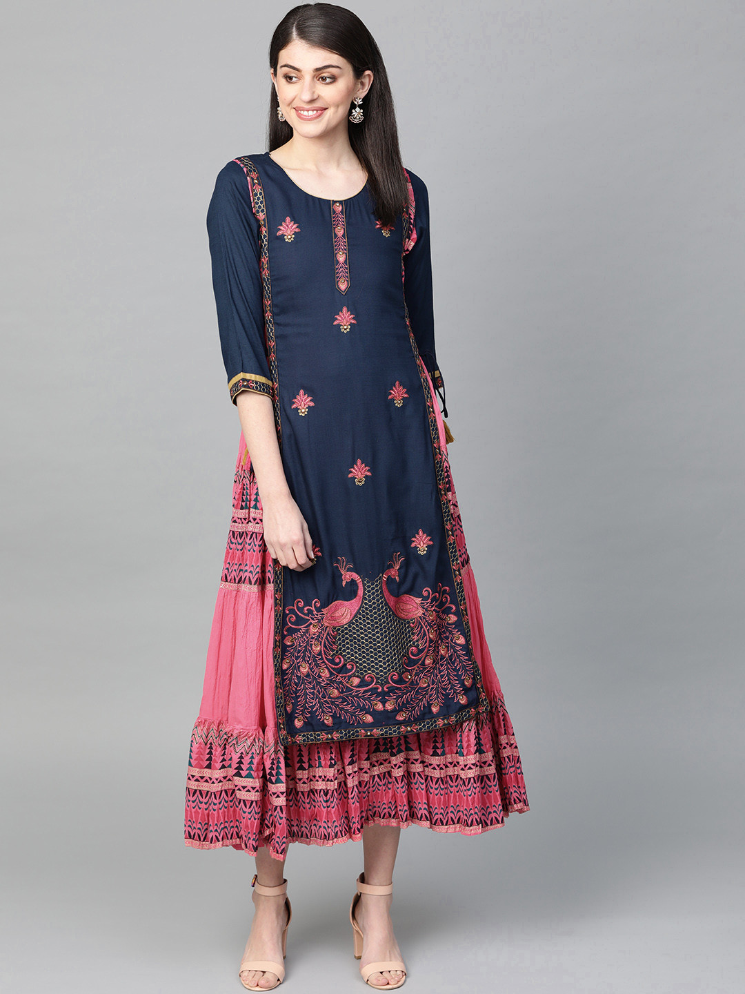 Buy Ishin Women Navy Blue & Pink Embroidered Layered A Line Dress