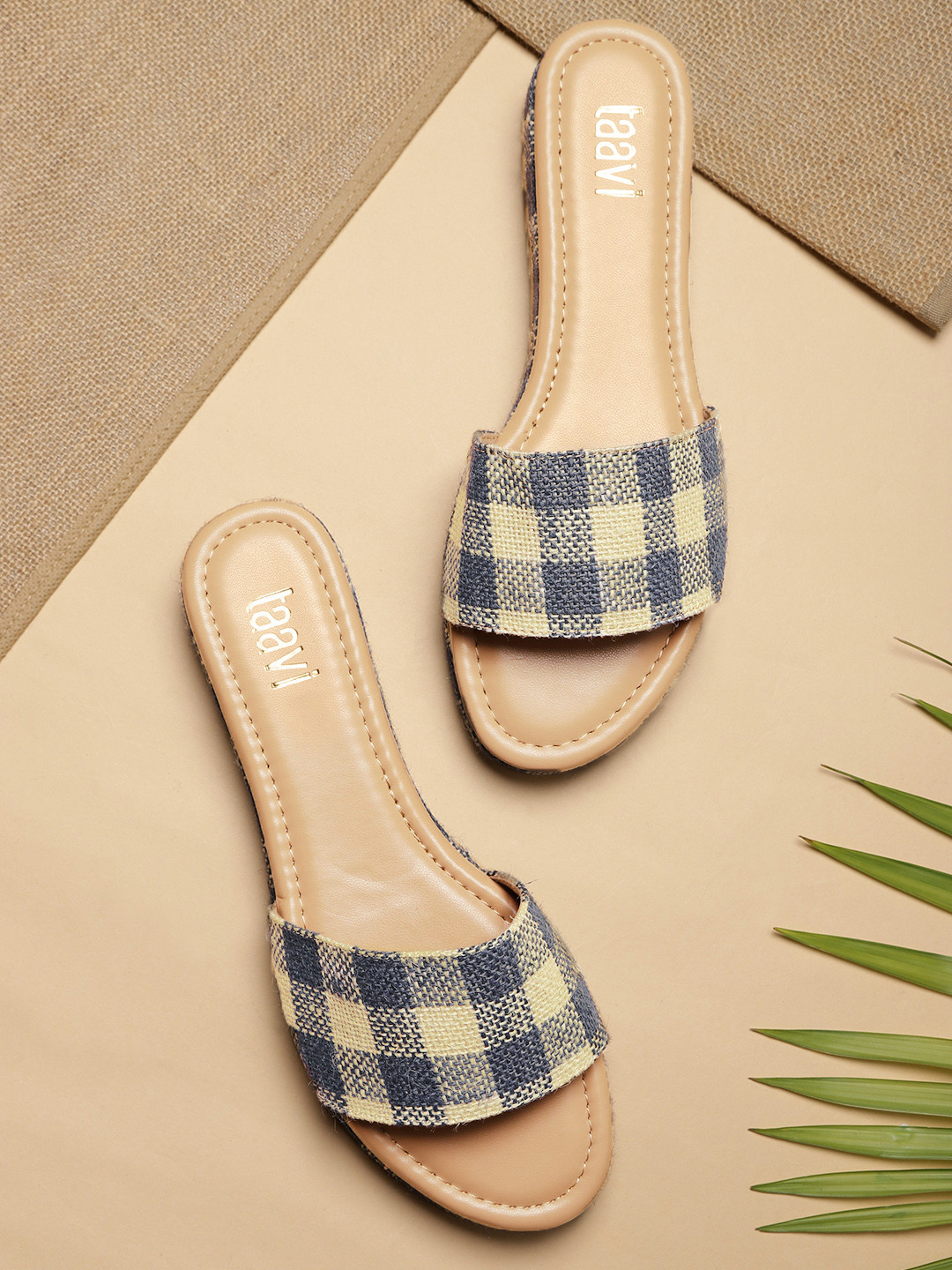 Buy Taavi Women Off White & Navy Blue Self Checked Open Toe Flats