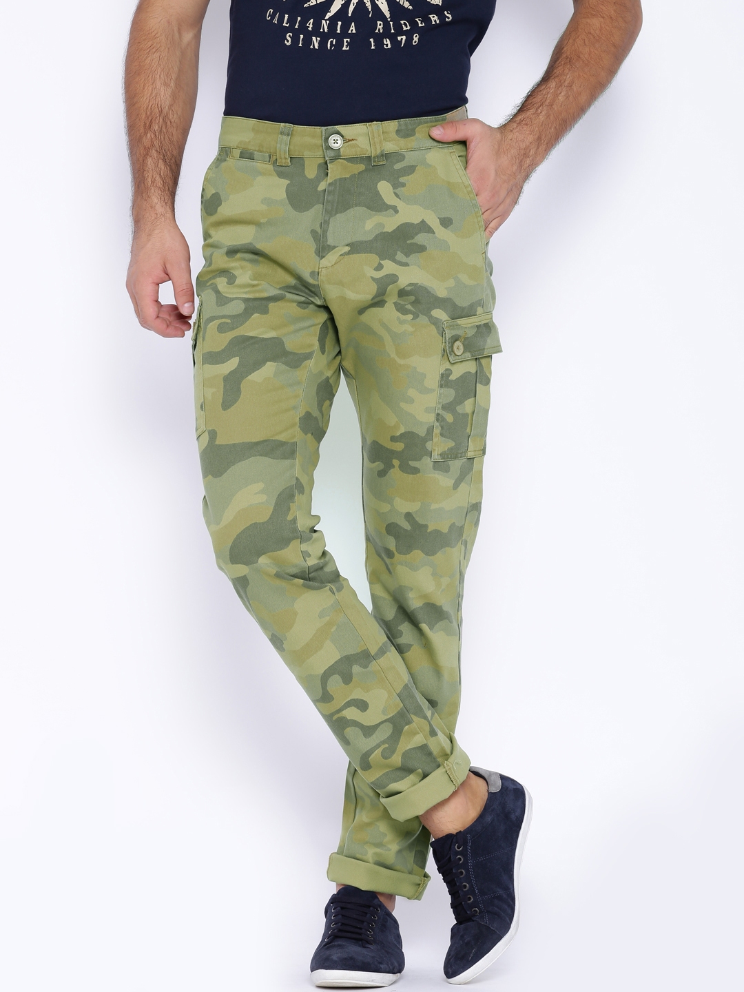Buy The Indian Garage Co. Olive Green Camouflage Printed Cargo Trousers ...