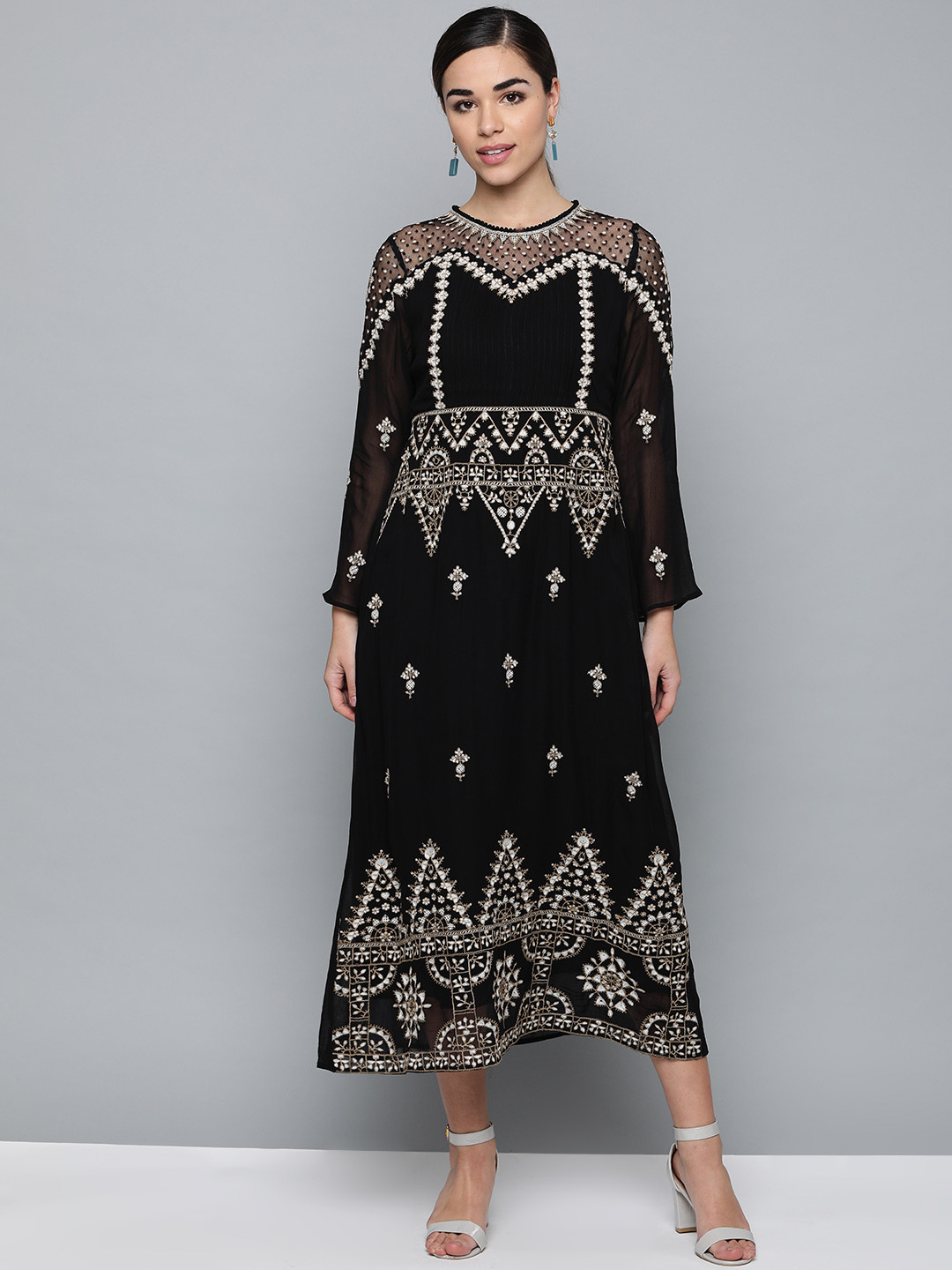 Buy Label Ritu Kumar Women Black & Off White Embroidered Semi Sheer A