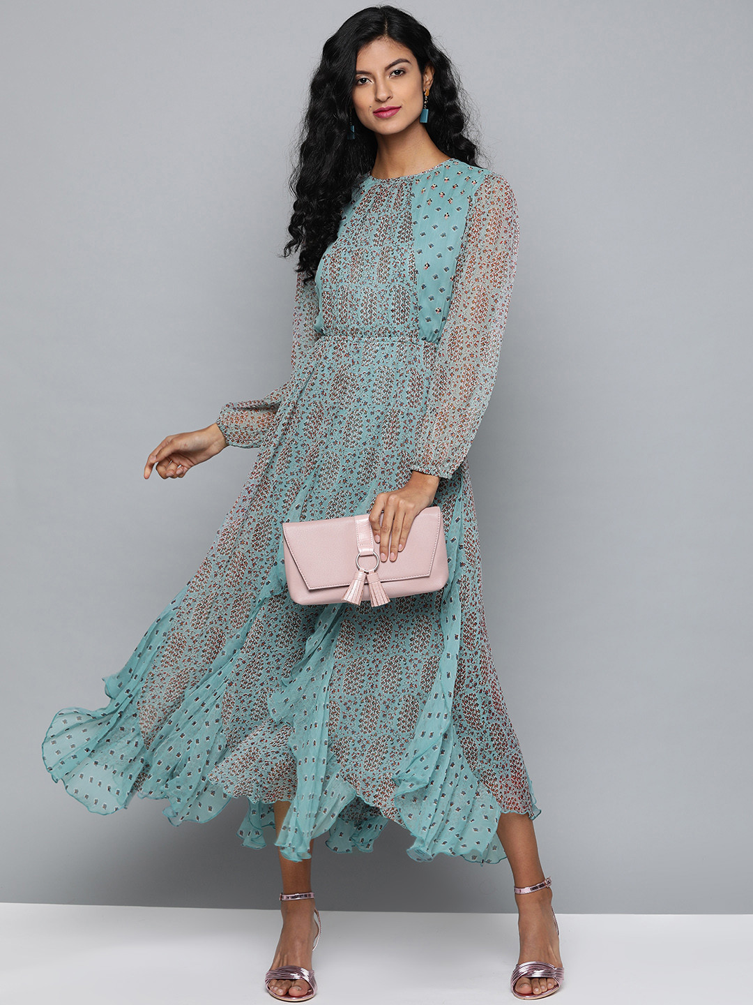Buy Label Ritu Kumar Women Blue & Red Floral Print Accordion Pleated A Line Dress - Dresses for 