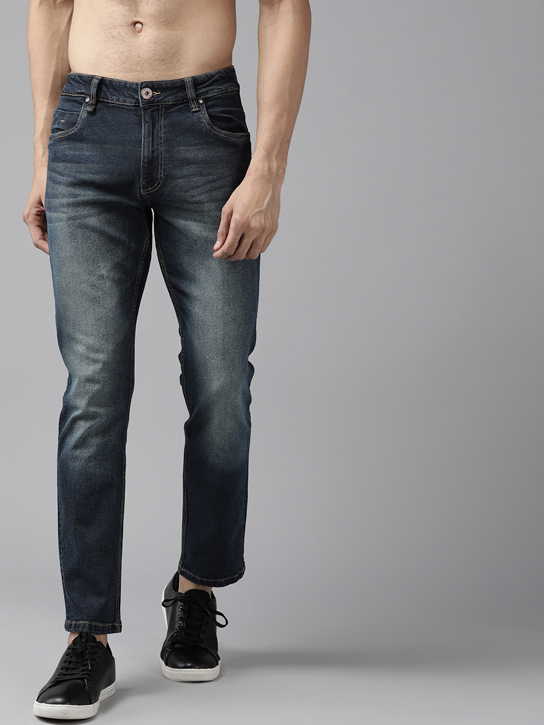 Buy Roadster Men Navy Blue Slim Fit Mid Rise Clean Look Stretchable ...