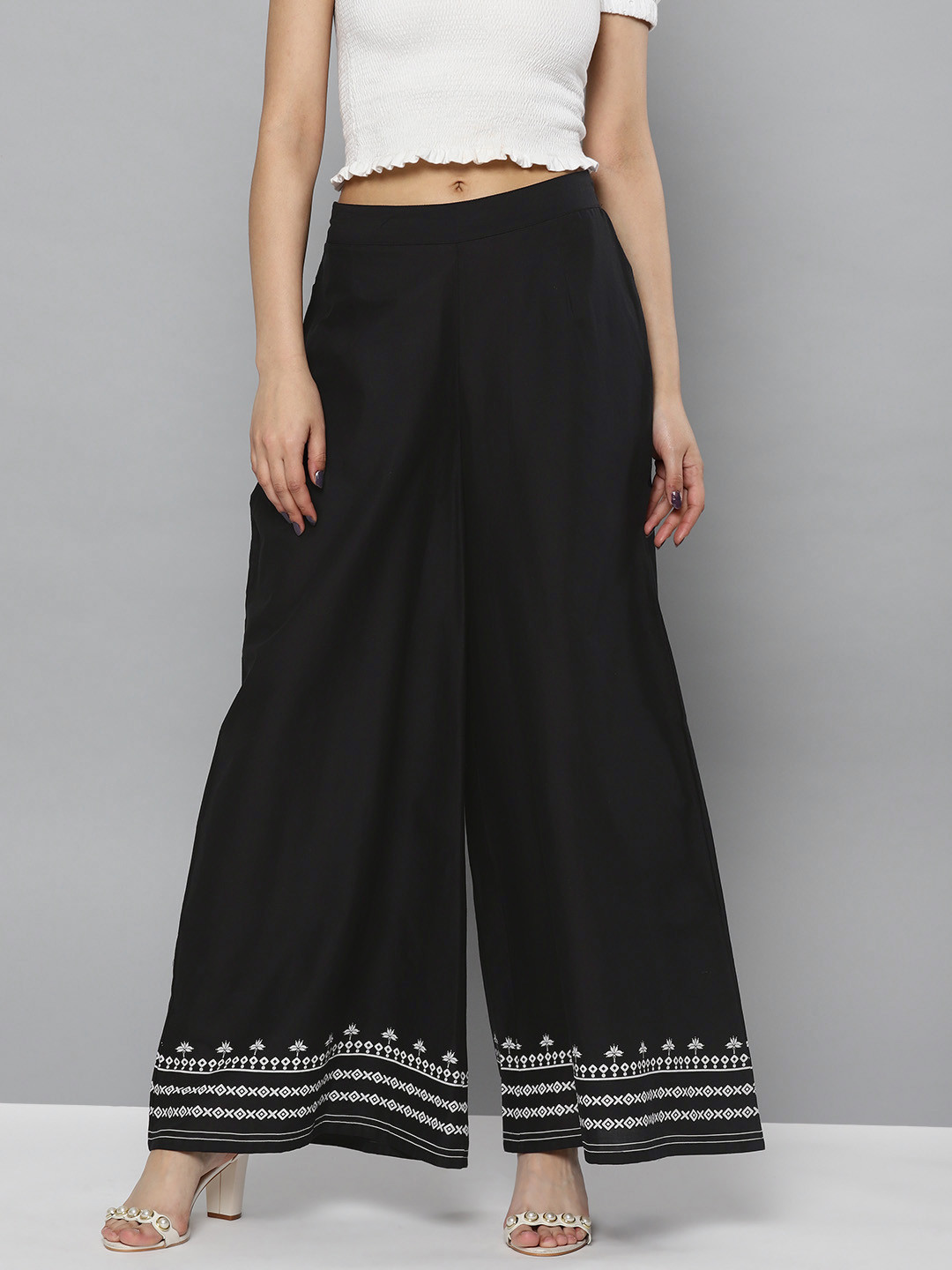 Black Flora Crest Embroidered Hem Palazzo