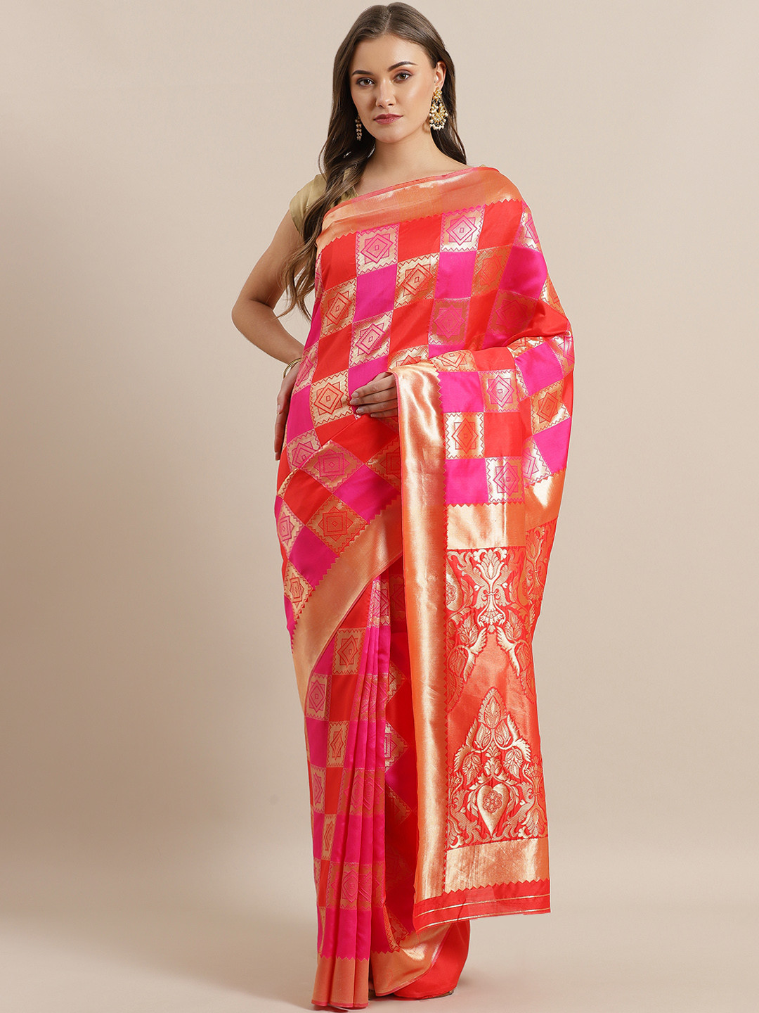 Red & Golden Woven Design Zari Silk Blend Saree