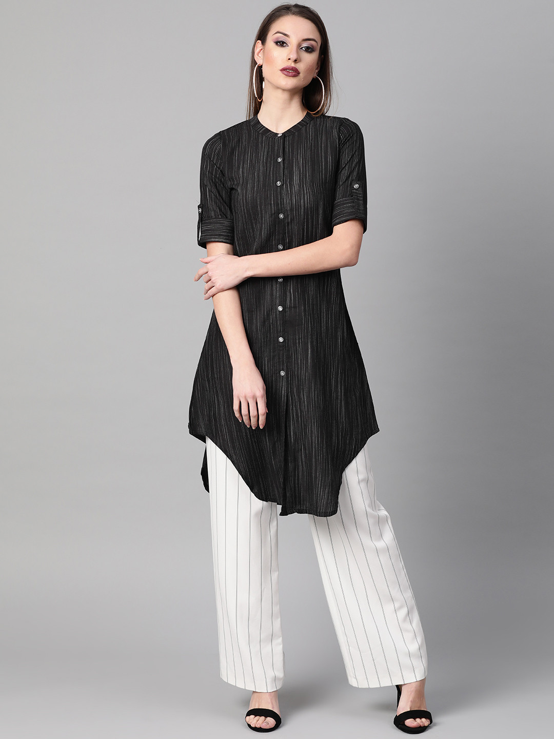 Buy Gerua By Libas Women Black White Self Striped A Line Kurta Kurtas