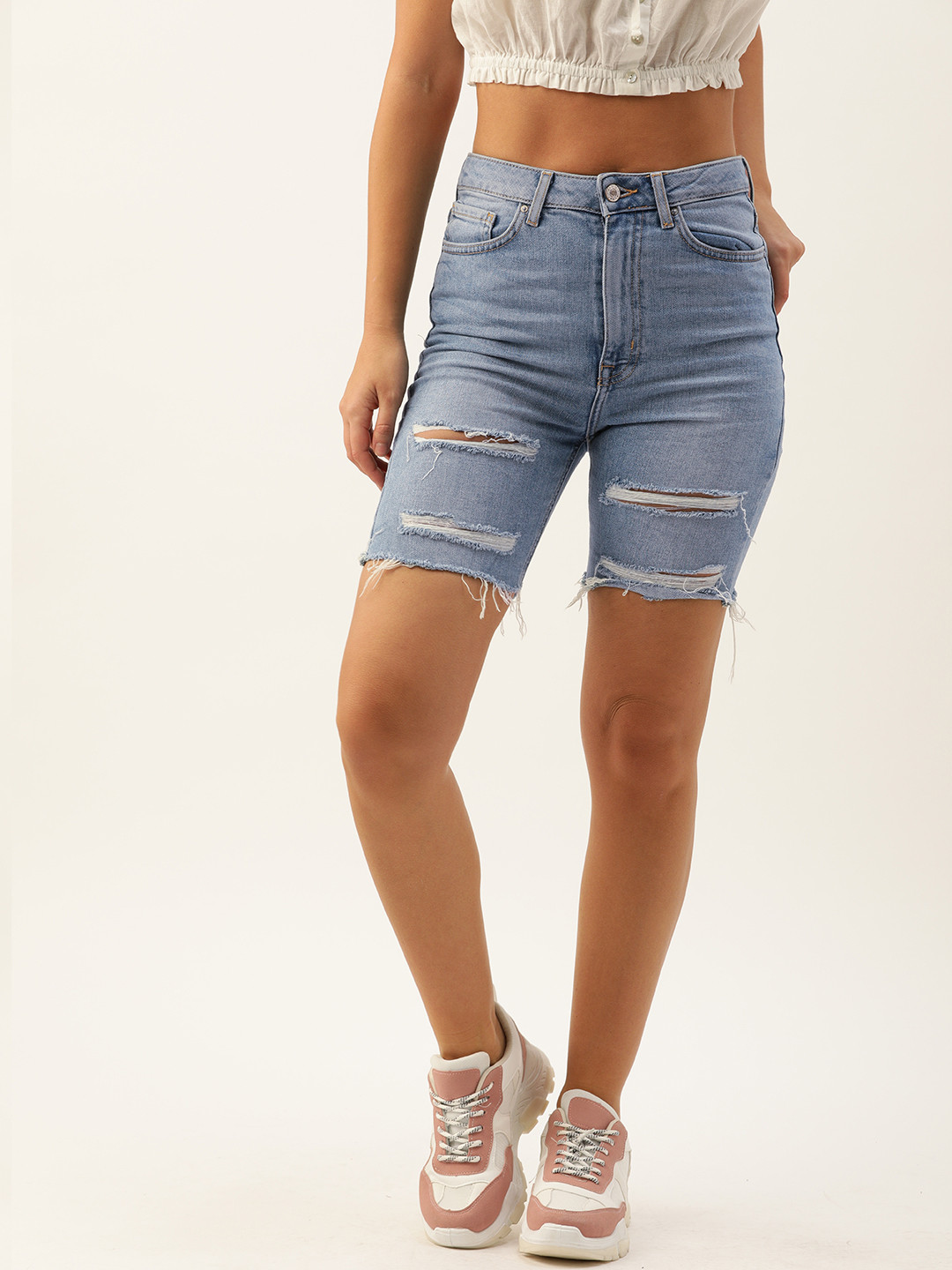 Buy FOREVER 21 Women Blue Solid Regular Fit Distressed Denim Shorts