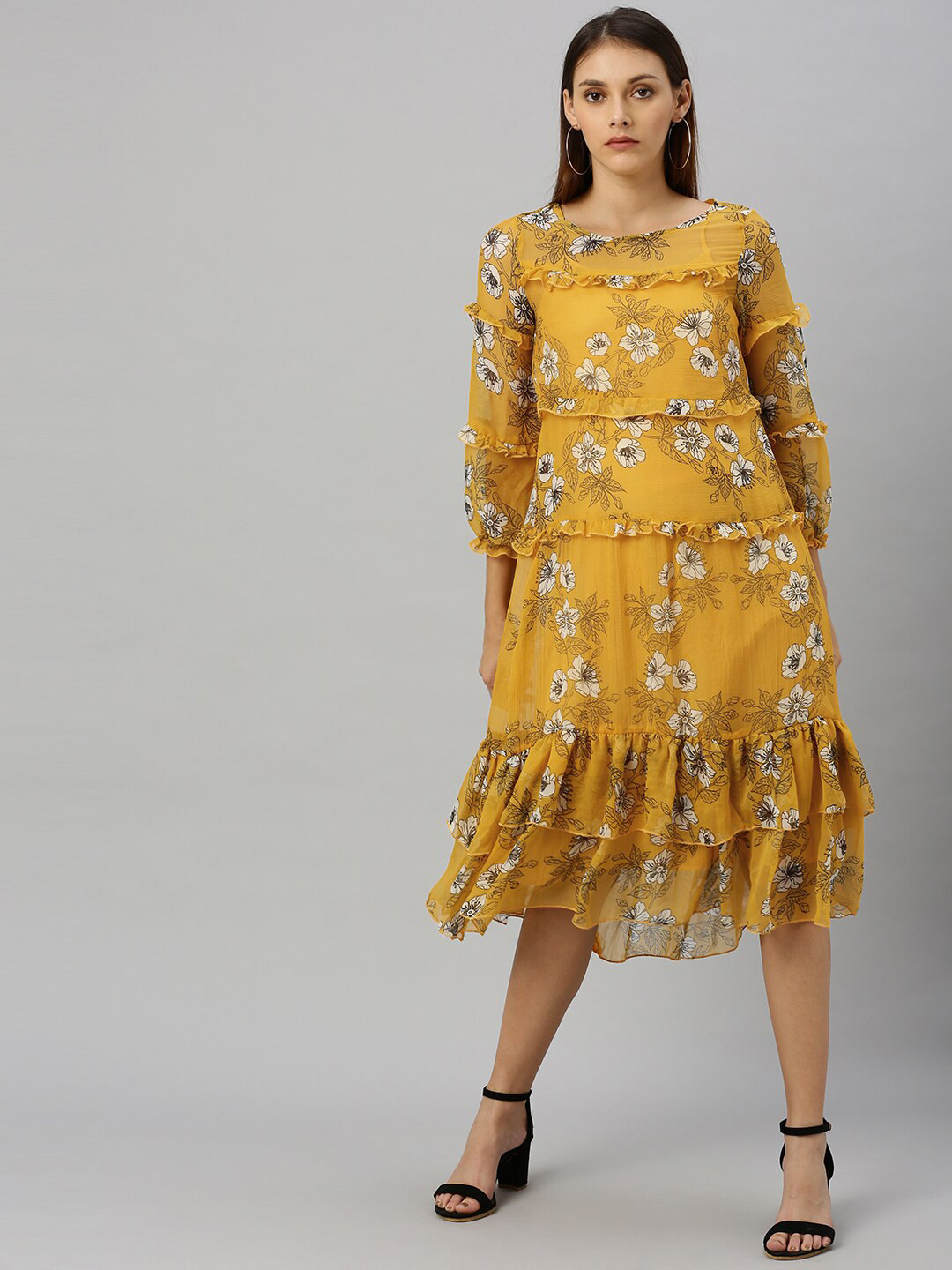 Buy HERE&NOW Women Mustard Yellow Printed Layered Fit And Flare Dress