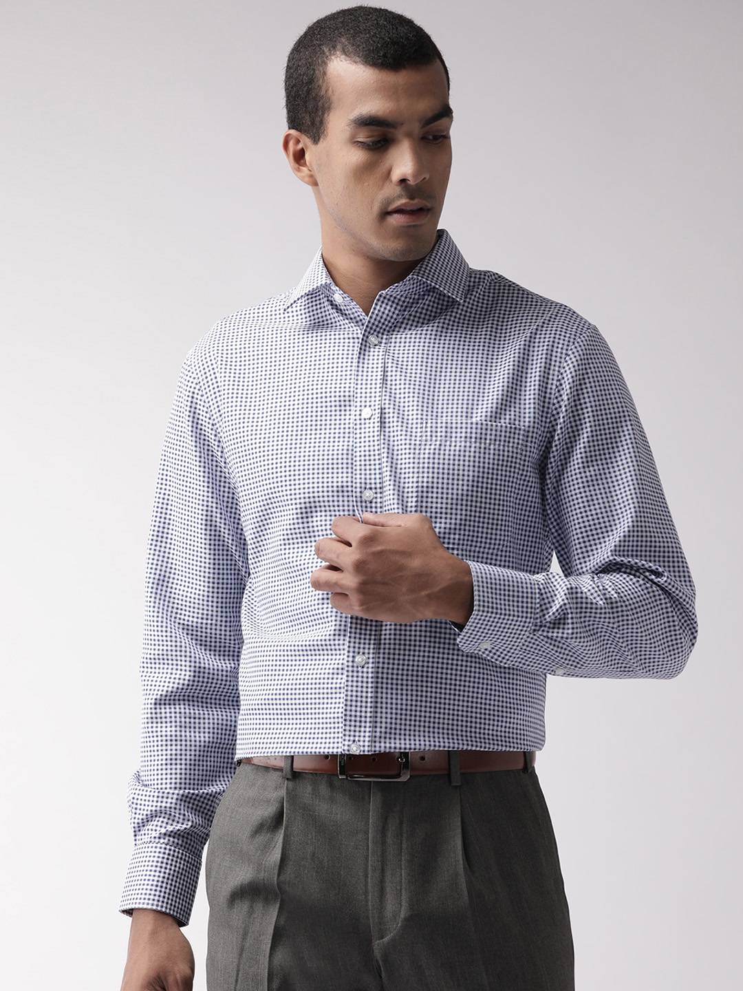 Buy Marks & Spencer Men Blue & White Regular Fit Checked Formal Shirt ...