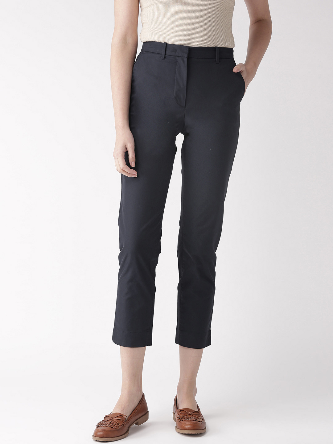 Buy Marks & Spencer Women Navy Blue Regular Fit Solid Cropped Chinos