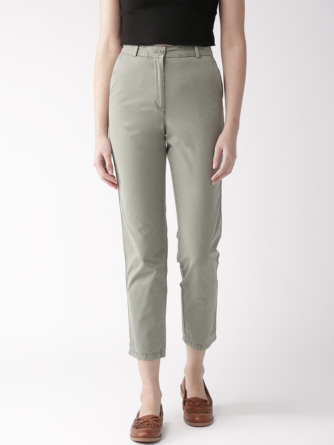 Buy Marks & Spencer Women Olive Green Regular Fit Solid Cropped Chinos Trousers for Women