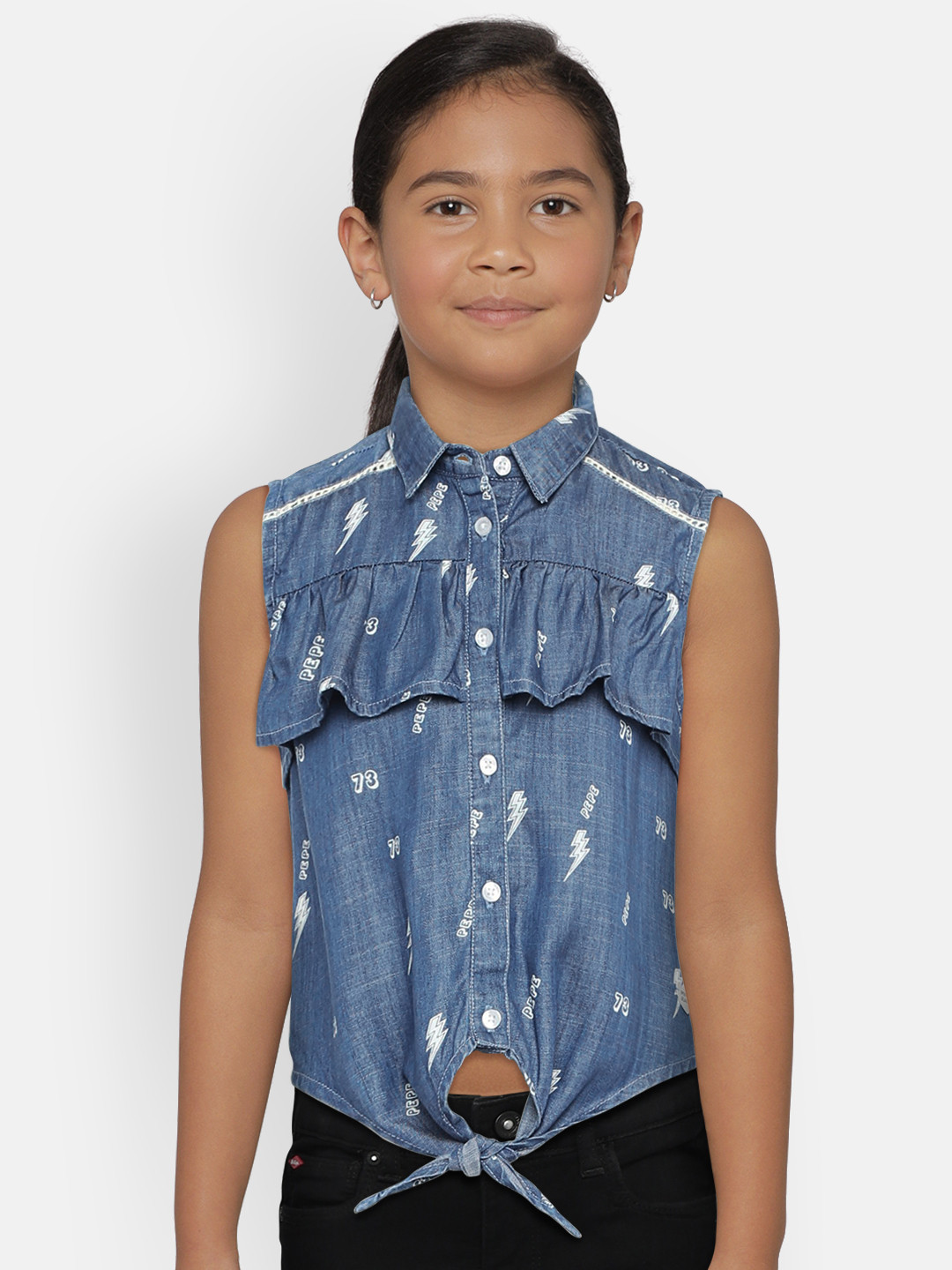 Girls Blue Printed Denim Top
