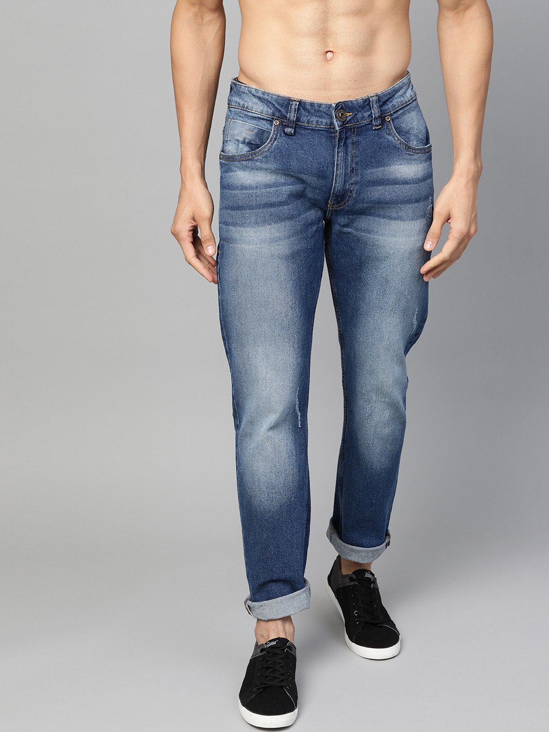 Buy Roadster Men Navy Blue Slim Tapered Fit Mid Rise Mildly Distressed ...