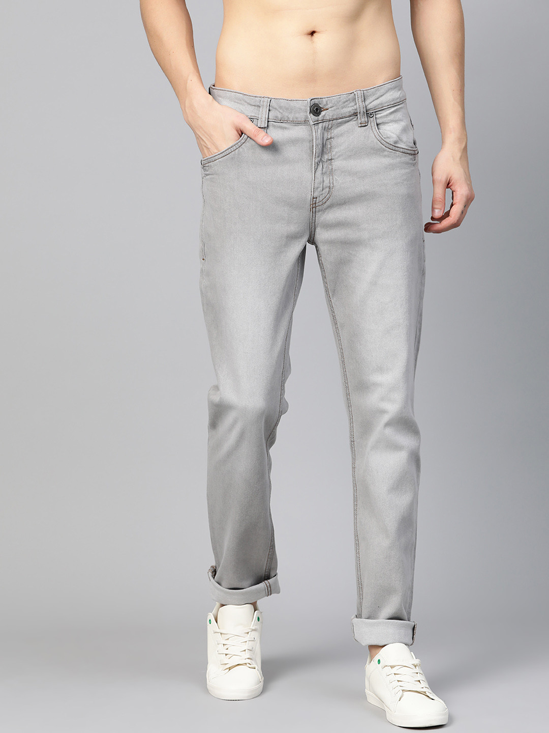 Buy Roadster Men Grey Slim Tapered Fit Mid Rise Clean Look Stretchable ...