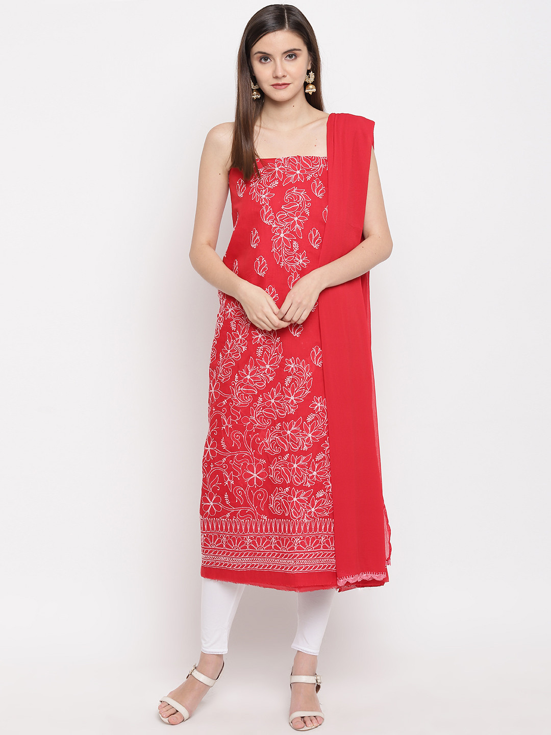 Buy ADA Red & White Chikankari Embroidered Unstitched Sustainable Dress