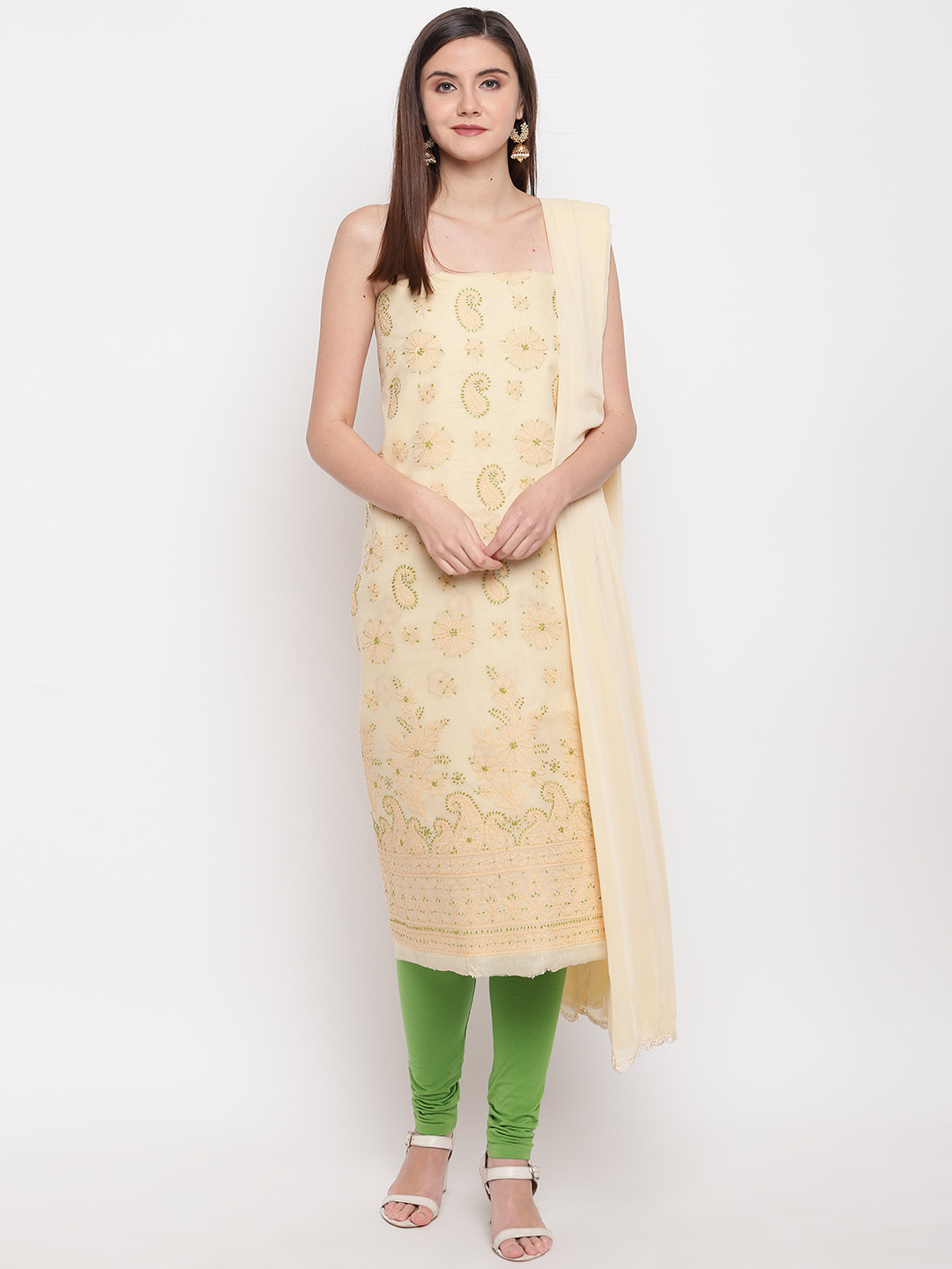 Buy ADA Cream Coloured & Green Chikankari Hand Embroidered Unstitched