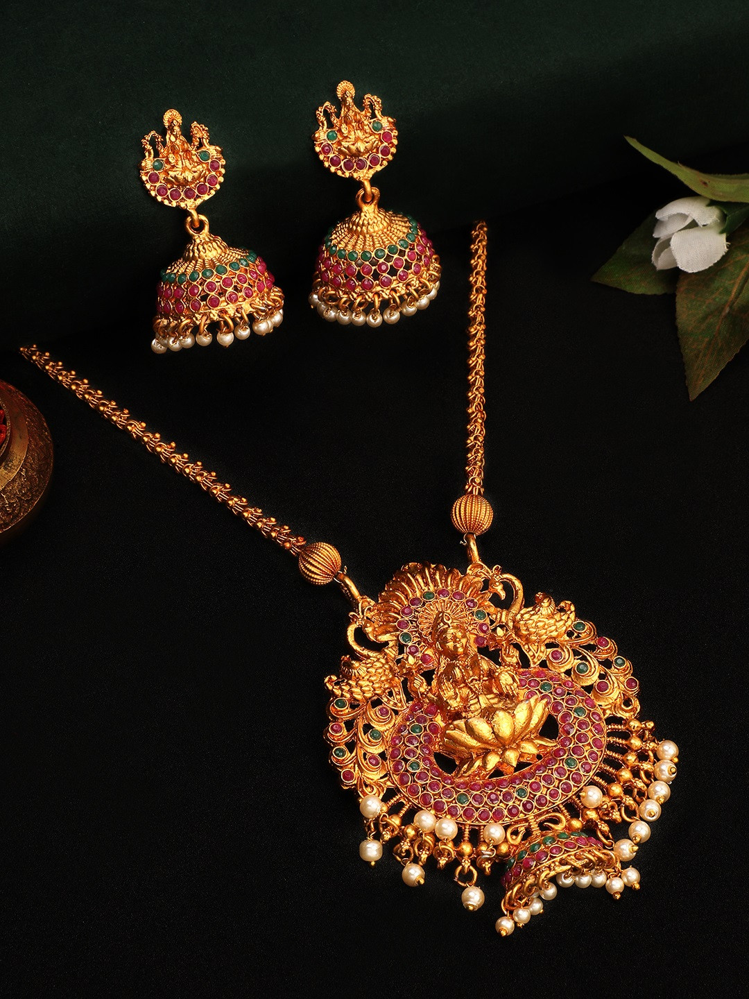 Buy Rubans Gold Plated & Pink Stone Studded Temple Jewellery Set