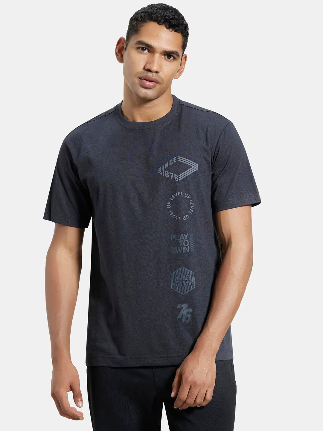Buy Jockey Men Charcoal Grey Super Combed Cotton Dyed Typography Pure ...