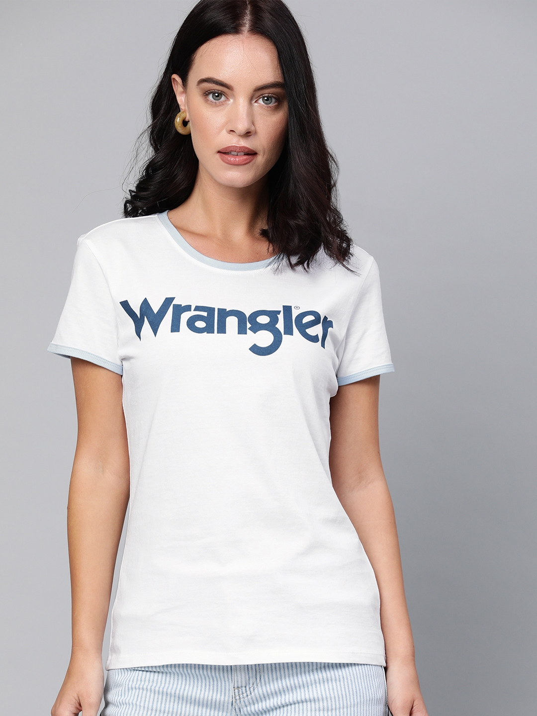 Buy Wrangler Women White Printed Round Neck Slim Fit Pure Cotton T ...