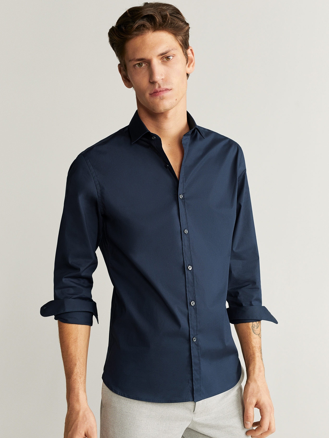 Buy MANGO MAN Men Navy Blue Slim Fit Solid Casual Shirt - Shirts for ...