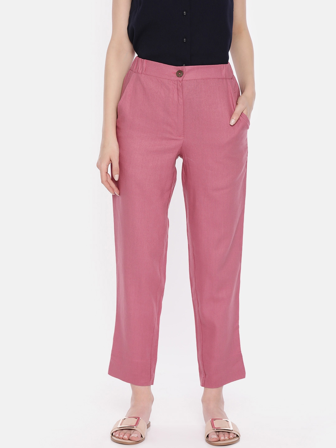 Buy AND Women Pink Regular Fit Solid Trousers - Trousers for Women ...