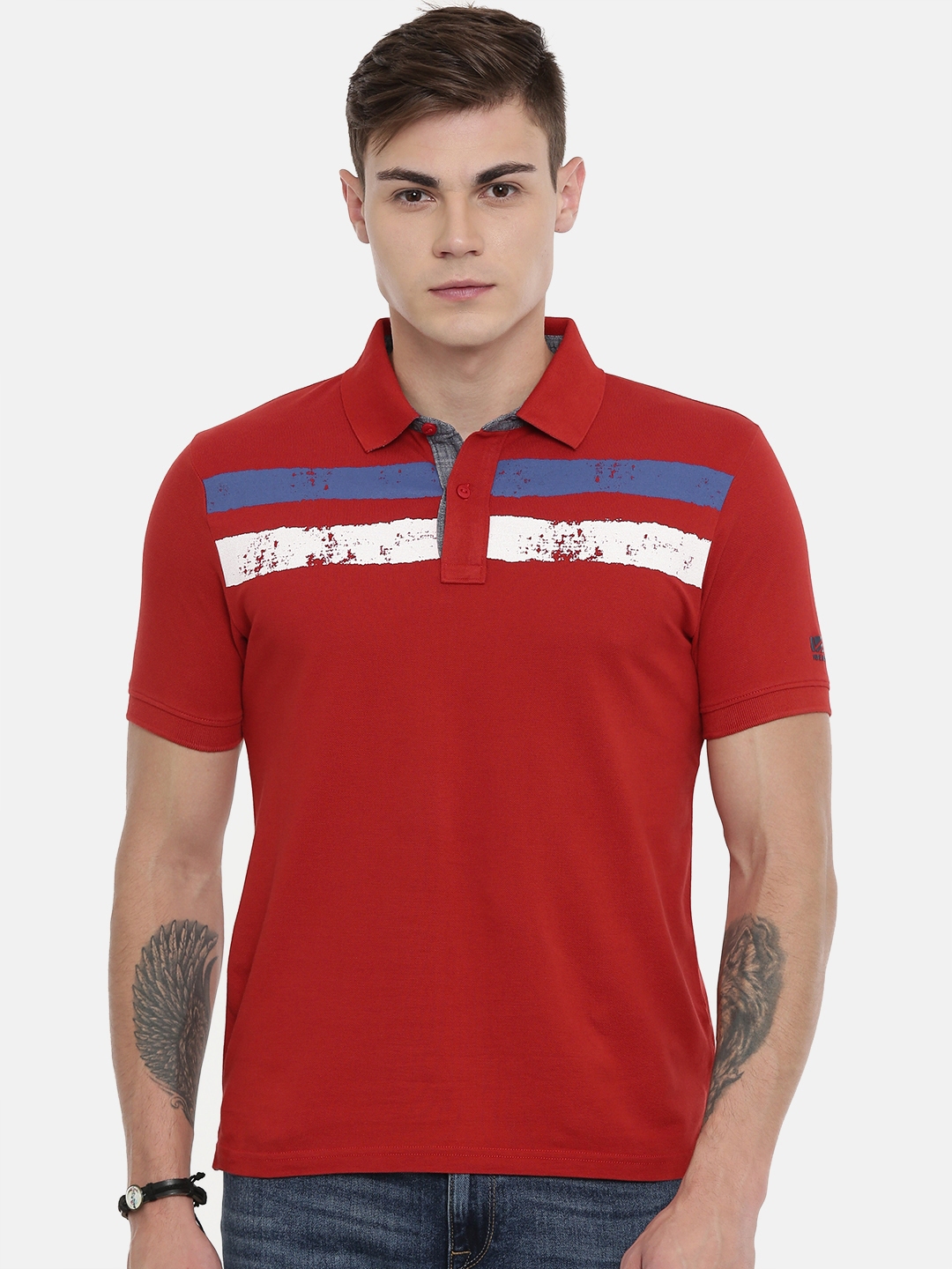Buy Pepe Jeans Men Red Striped Polo Collar Pure Cotton T Shirt ...
