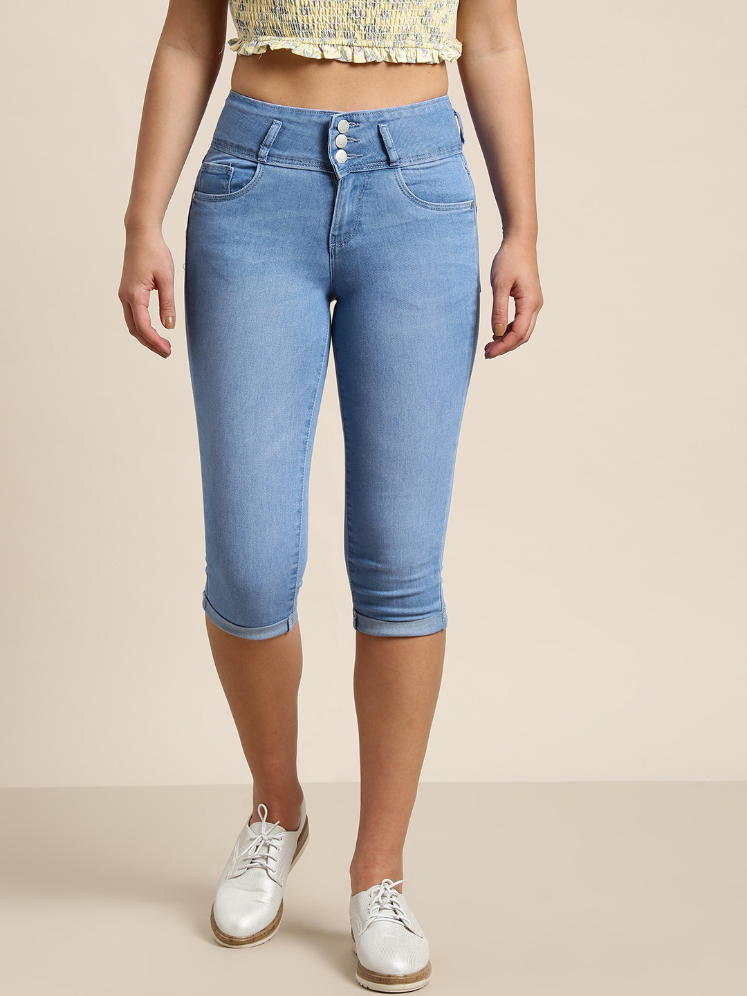 Buy Kraus Jeans K4023 Women Blue Solid Regular Fit Mid Rise Capris