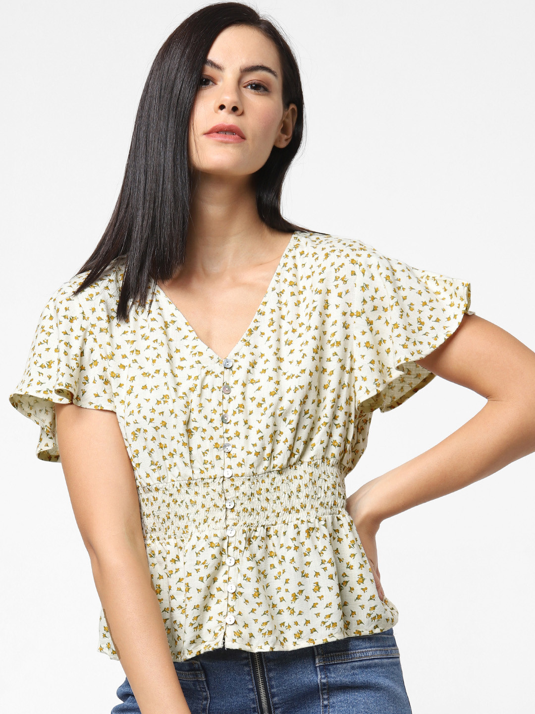 Buy ONLY Women Cream Coloured & Mustard Yellow Printed Cinched Waist