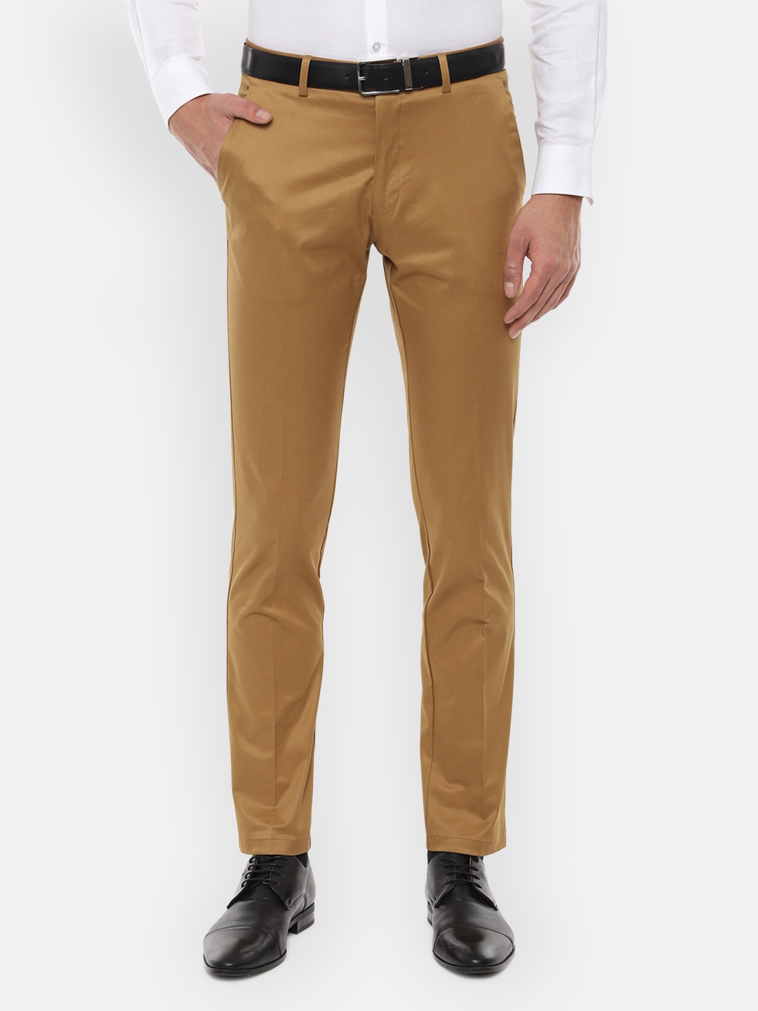 Buy Louis Philippe Men Camel Brown Skinny Fit Solid Formal Trousers ...