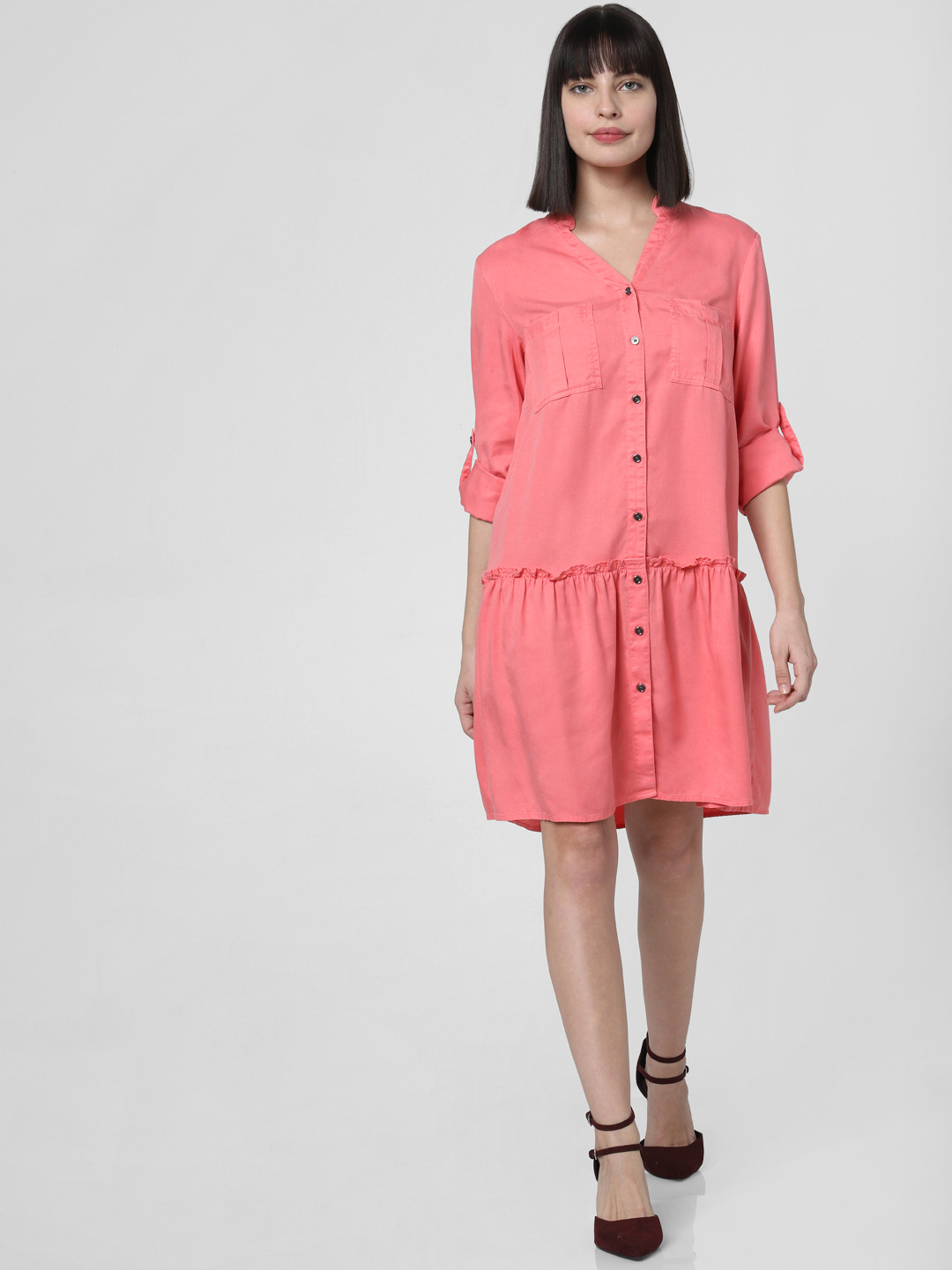 Buy Vero Moda Women Pink Solid Shirt Dress With Gathered Detailing